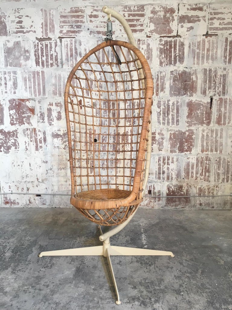 Midcentury Rattan Hanging Pod Chair with Stand For Sale at