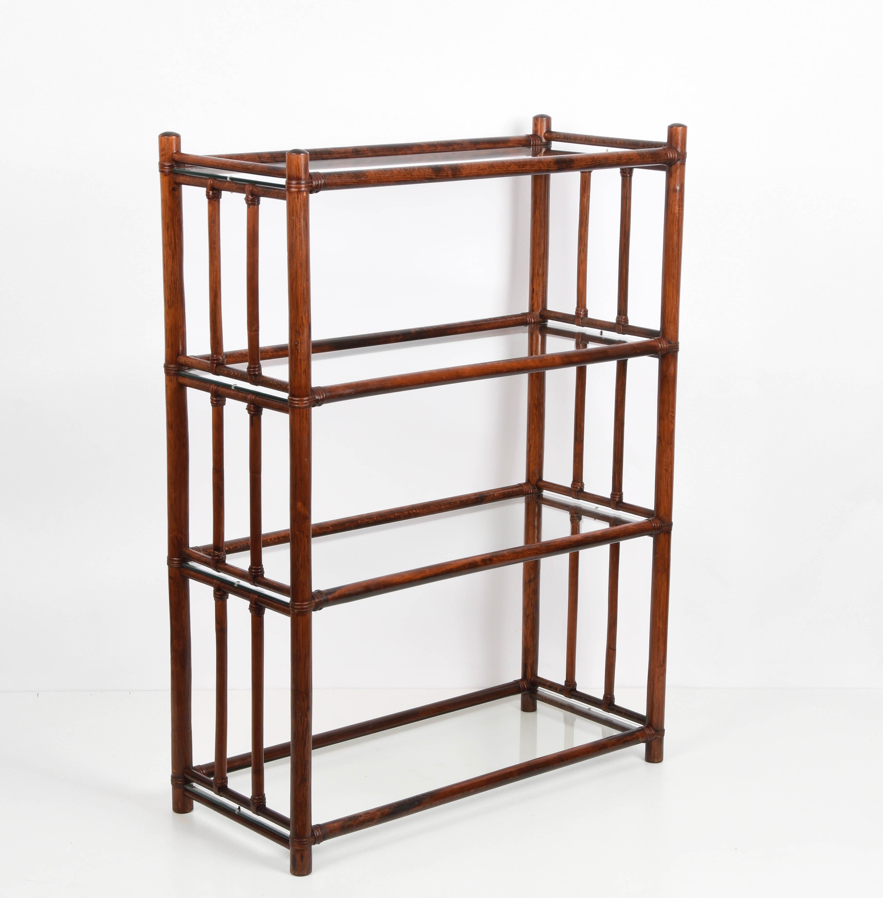 Mid-Century Modern Midcentury Rattan Italian Bookcase with Four Crystal Glass Shelves, 1960s For Sale