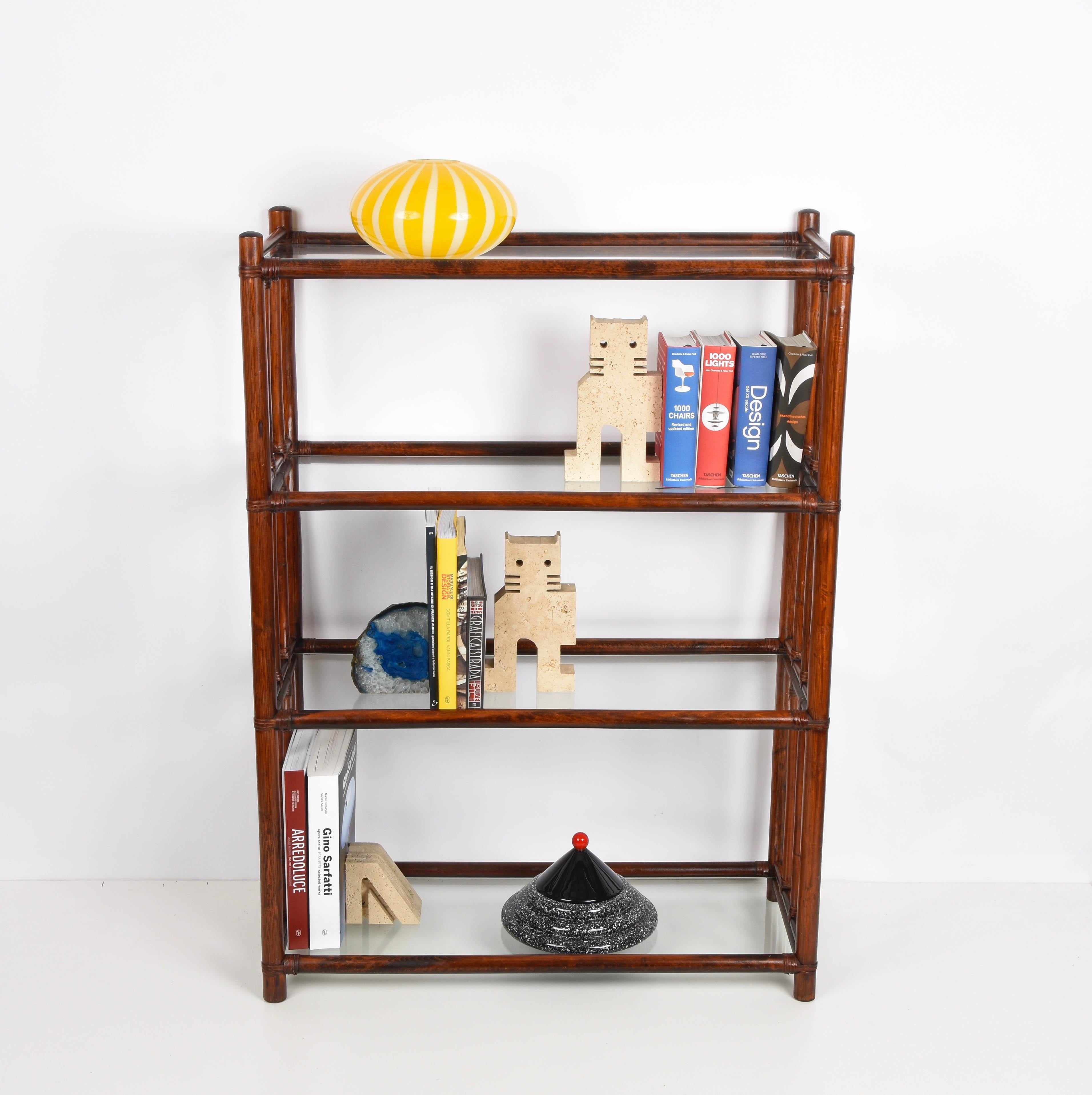 20th Century Midcentury Rattan Italian Bookcase with Four Crystal Glass Shelves, 1960s For Sale