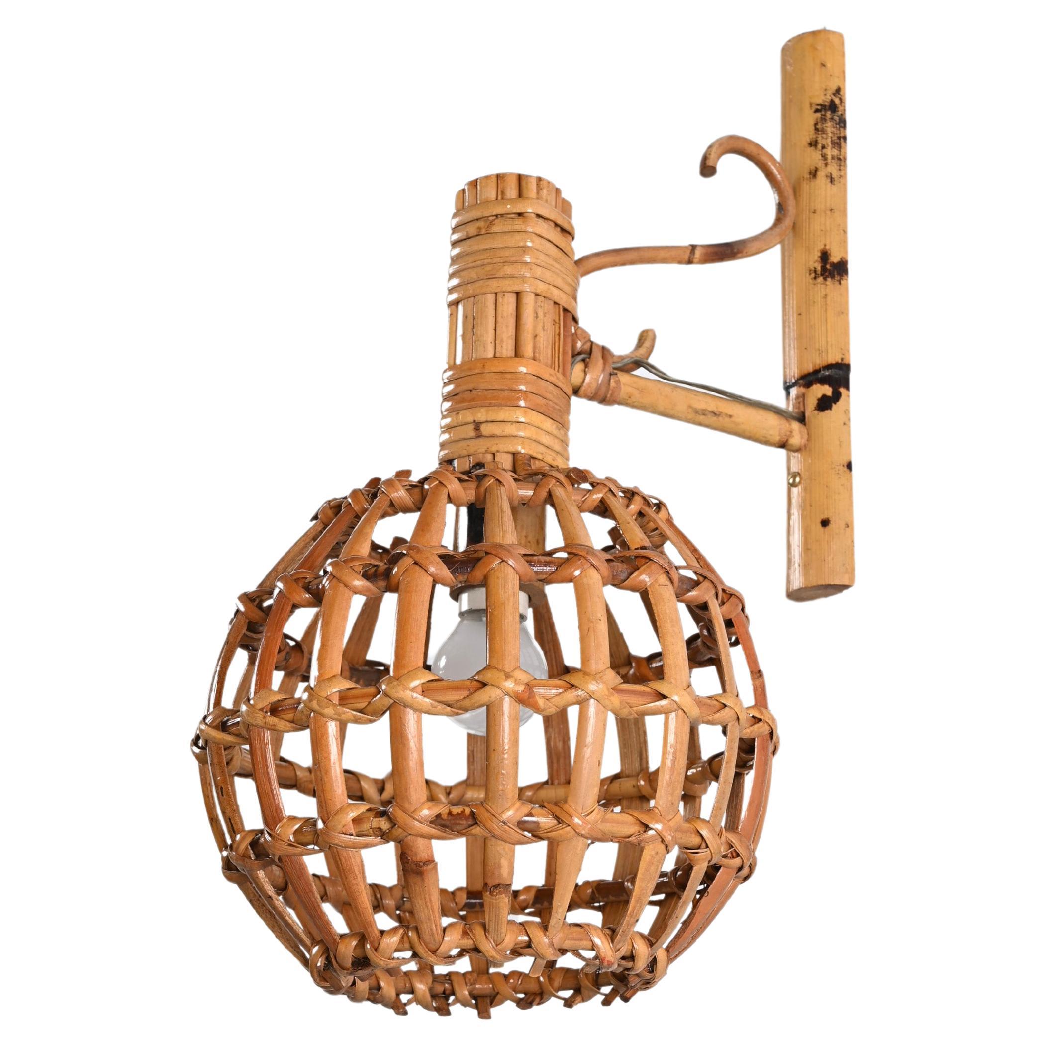 Midcentury Rattan "Lantern" Sconce Attributed to Louis Sognot, 1960s For Sale