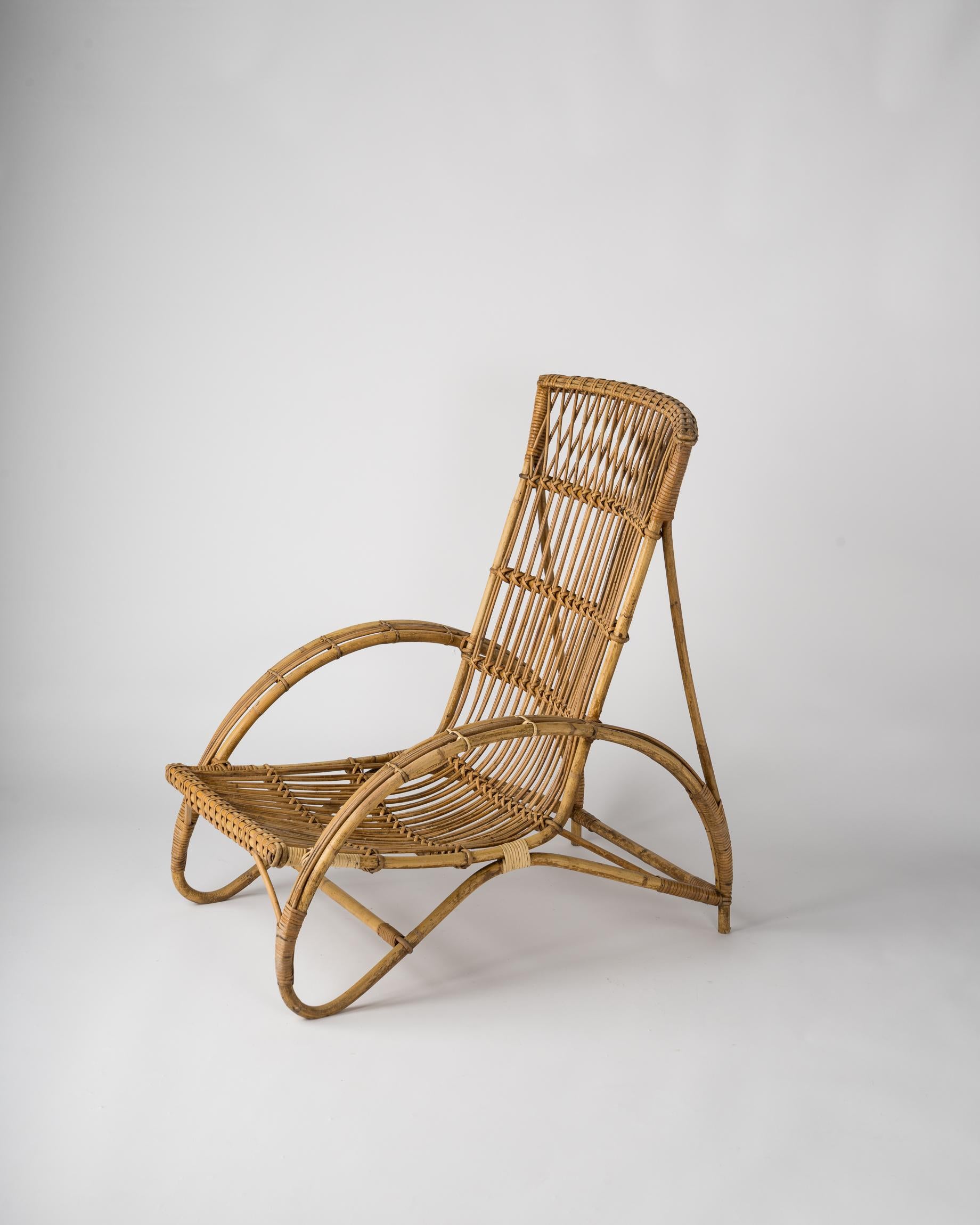 Mid-Century Modern Midcentury Rattan Lounge Chair in the Style of Audoux Minet, France, 1960s For Sale