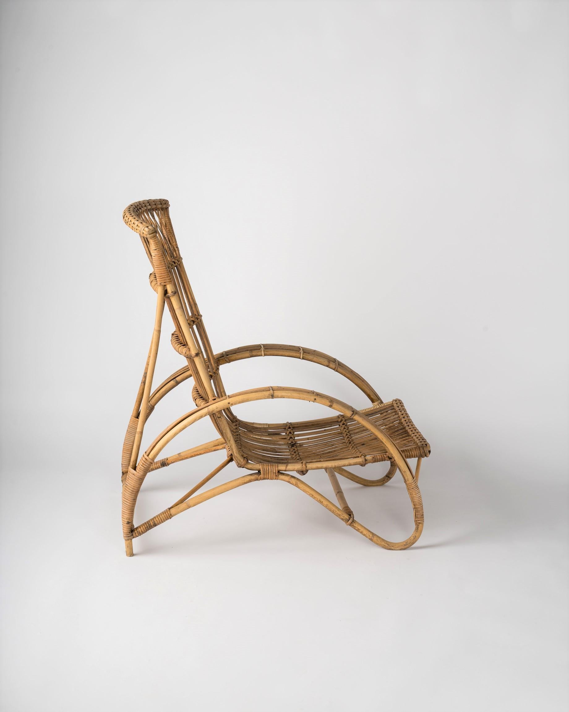 Mid-20th Century Midcentury Rattan Lounge Chair in the Style of Audoux Minet, France, 1960s For Sale