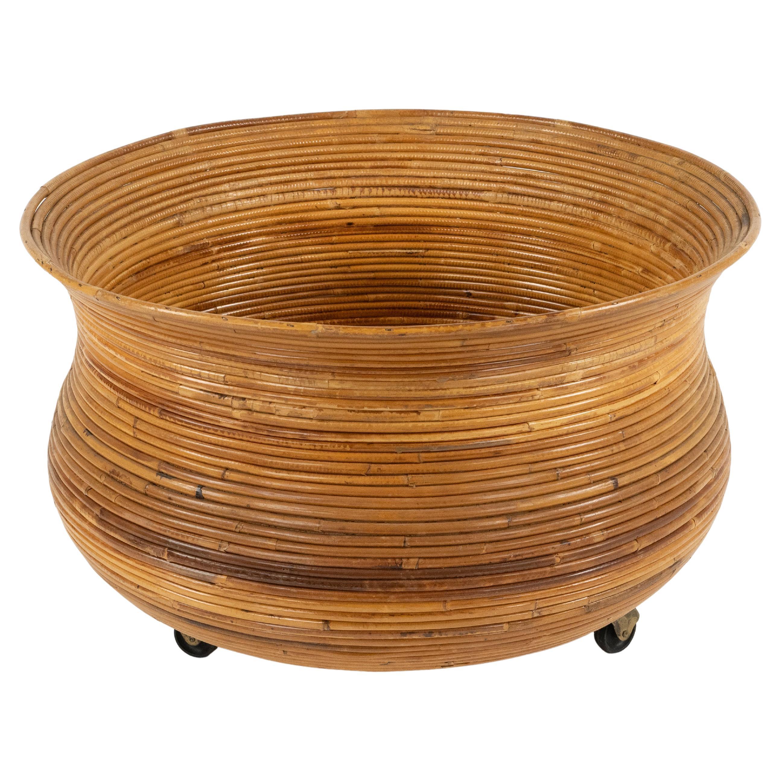 Midcentury Rattan Plant Holder or Basket Attributed Vivai Del Sud, Italy 1960s