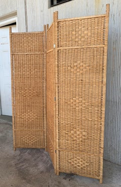 Midcentury Rattan Room Divider or Screen Three-Fold Screen, Split Bamboo