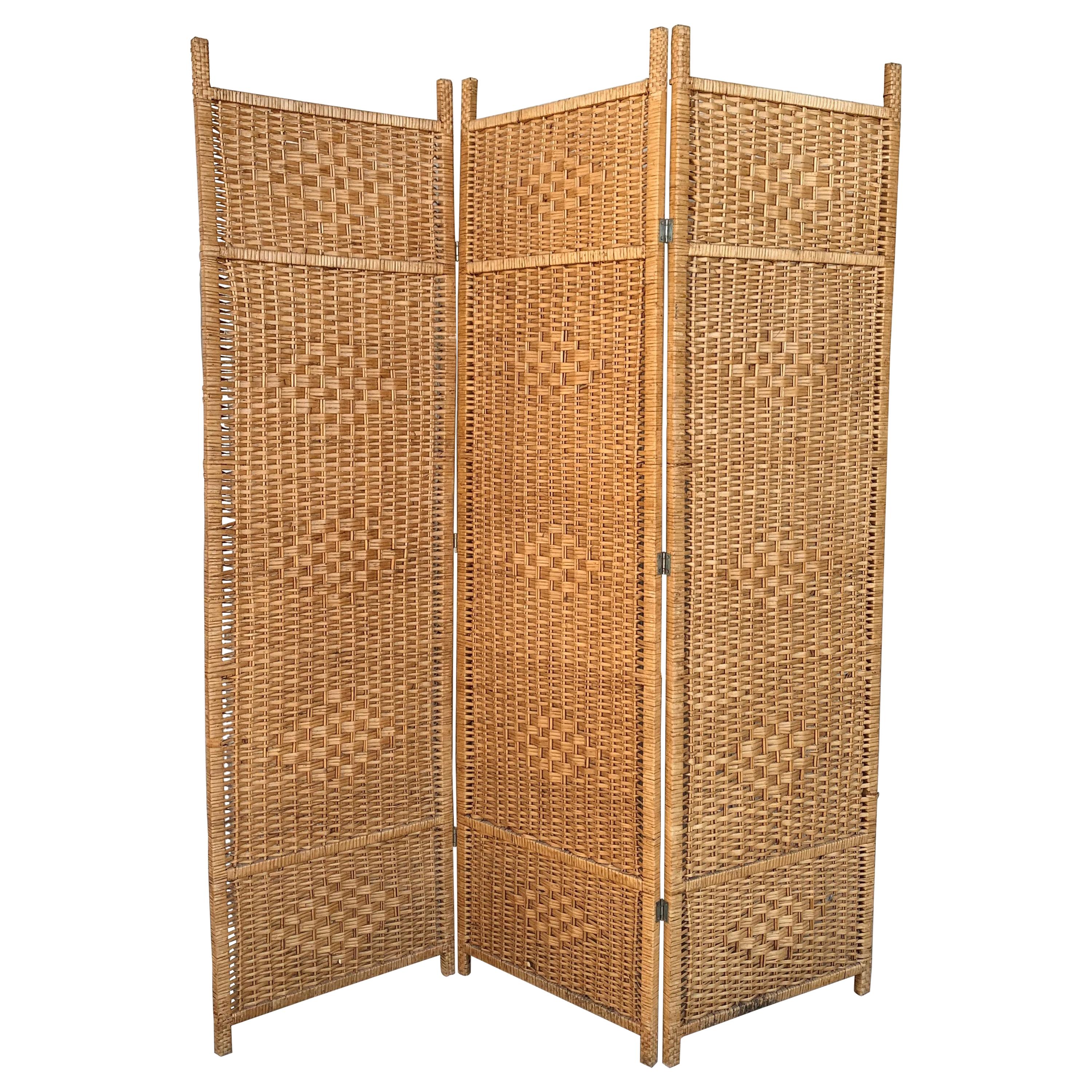 Midcentury Rattan Room Divider or Screen Three-Fold Screen, Split Bamboo