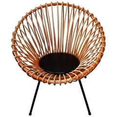 Vintage Midcentury Rattan Scoop Chair in the Style of Rohé and Franco Albini