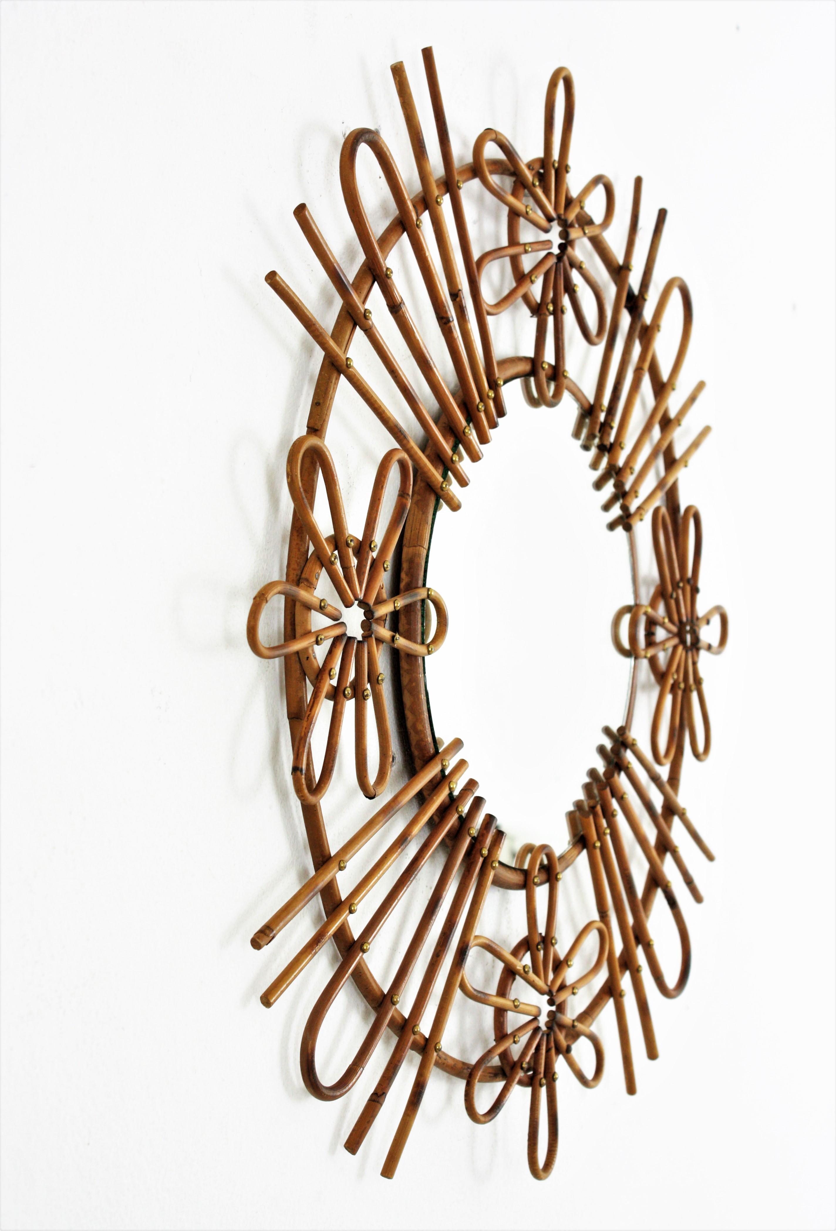 Hand-Crafted Midcentury Rattan Sunburst Mirror, Spain, 1960s