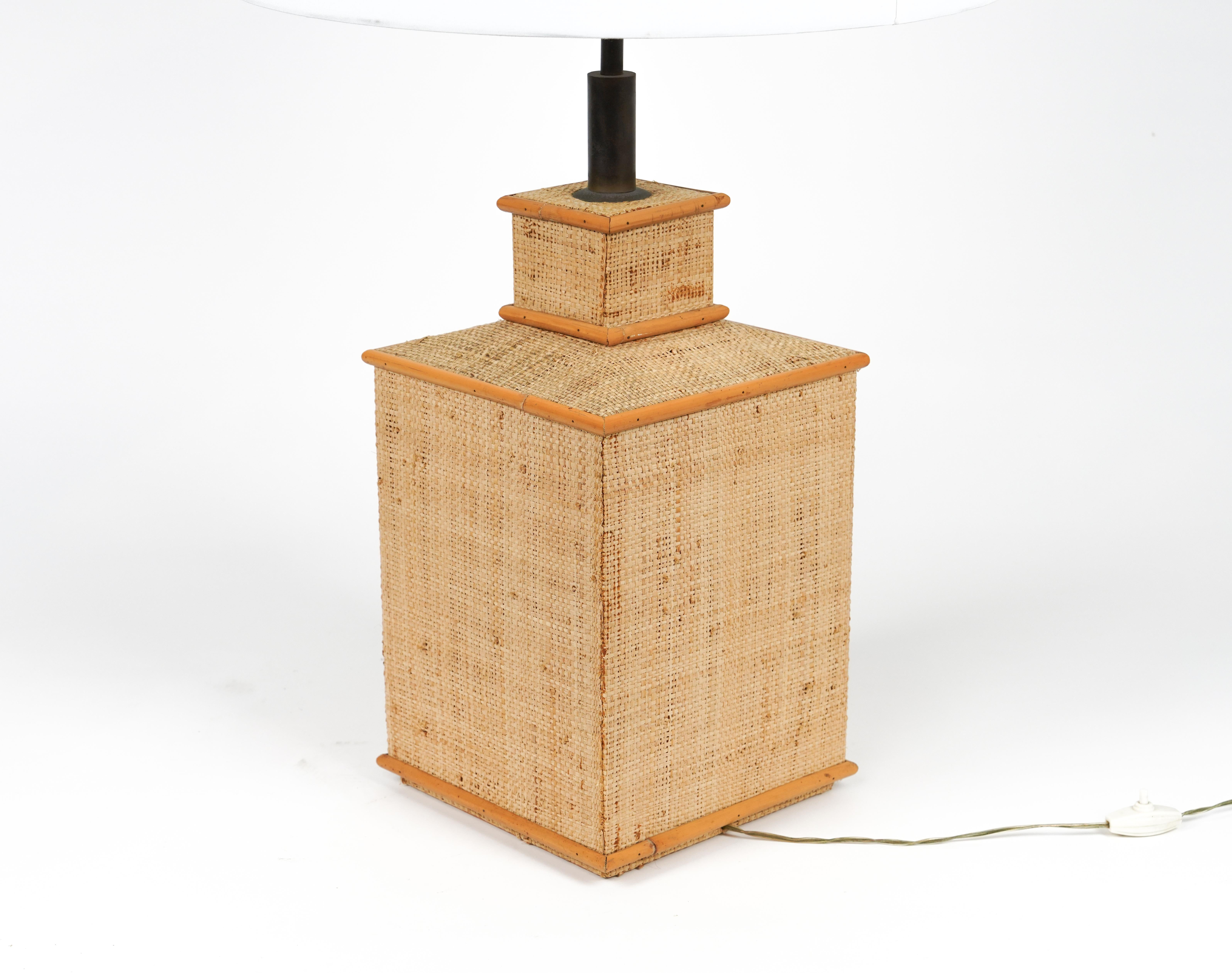 Midcentury Rattan, Wicker and Brass Table Lamp Vivai Del Sud Style, Italy 1960s For Sale 6