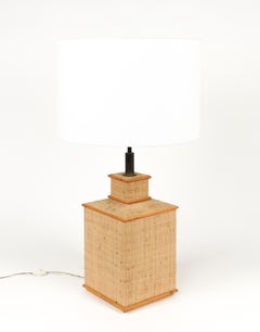 Lampe de bureau du milieu du siècle dernier en rotin, osier et laiton style Vivai Del Sud, Italie, années 1960