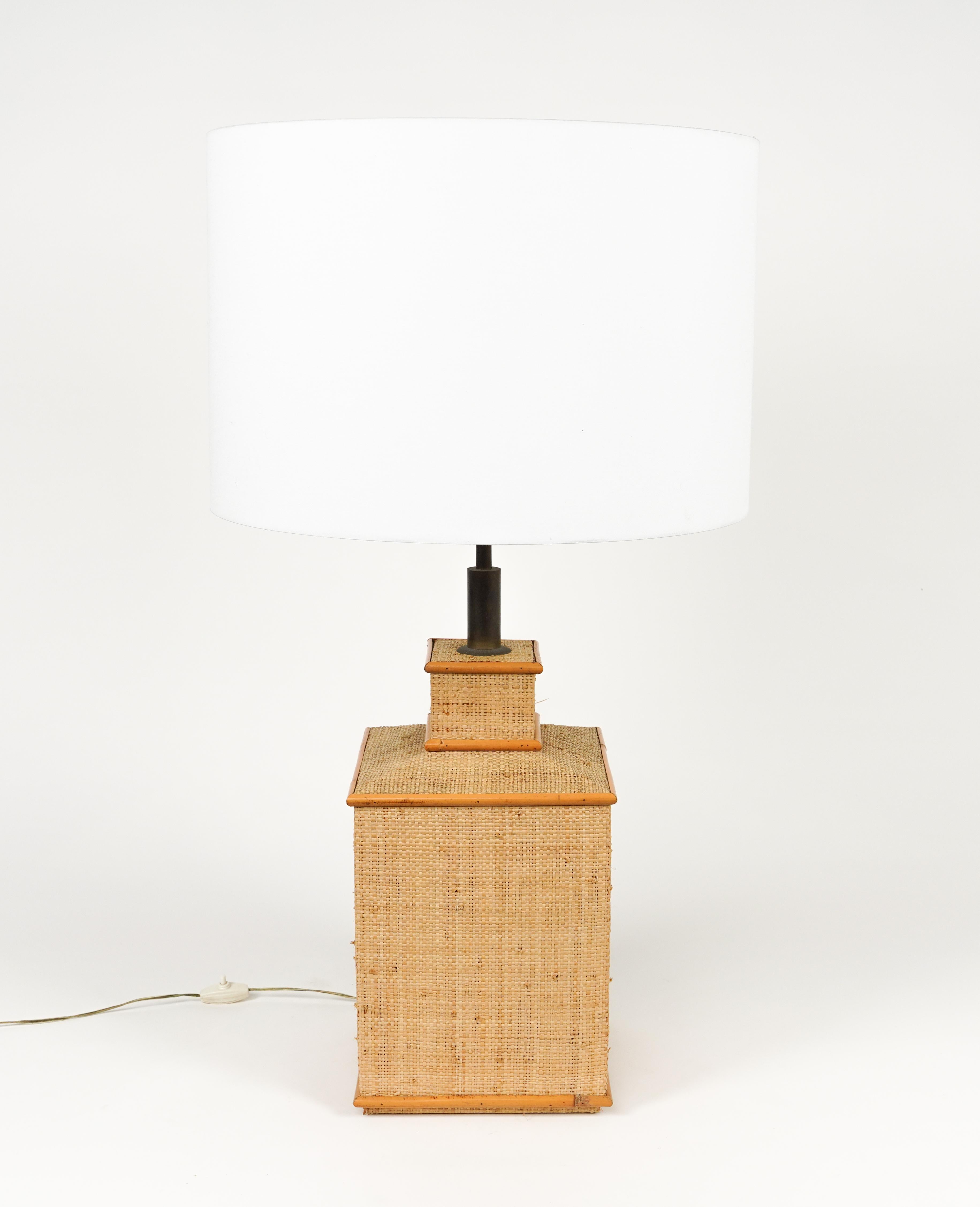 Mid-20th Century Midcentury Rattan, Wicker and Brass Table Lamp Vivai Del Sud Style, Italy 1960s For Sale