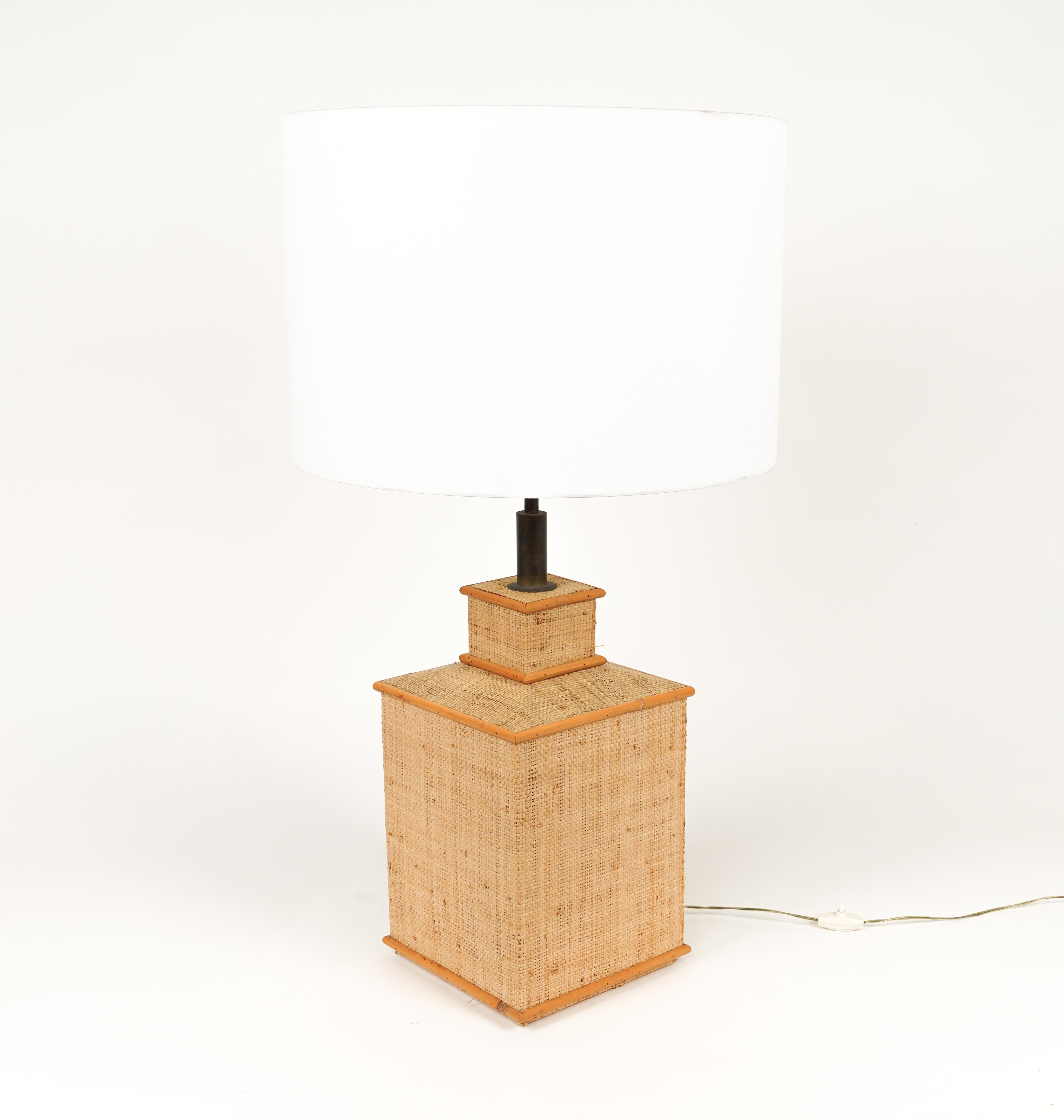 Fabric Midcentury Rattan, Wicker and Brass Table Lamp Vivai Del Sud Style, Italy 1960s For Sale