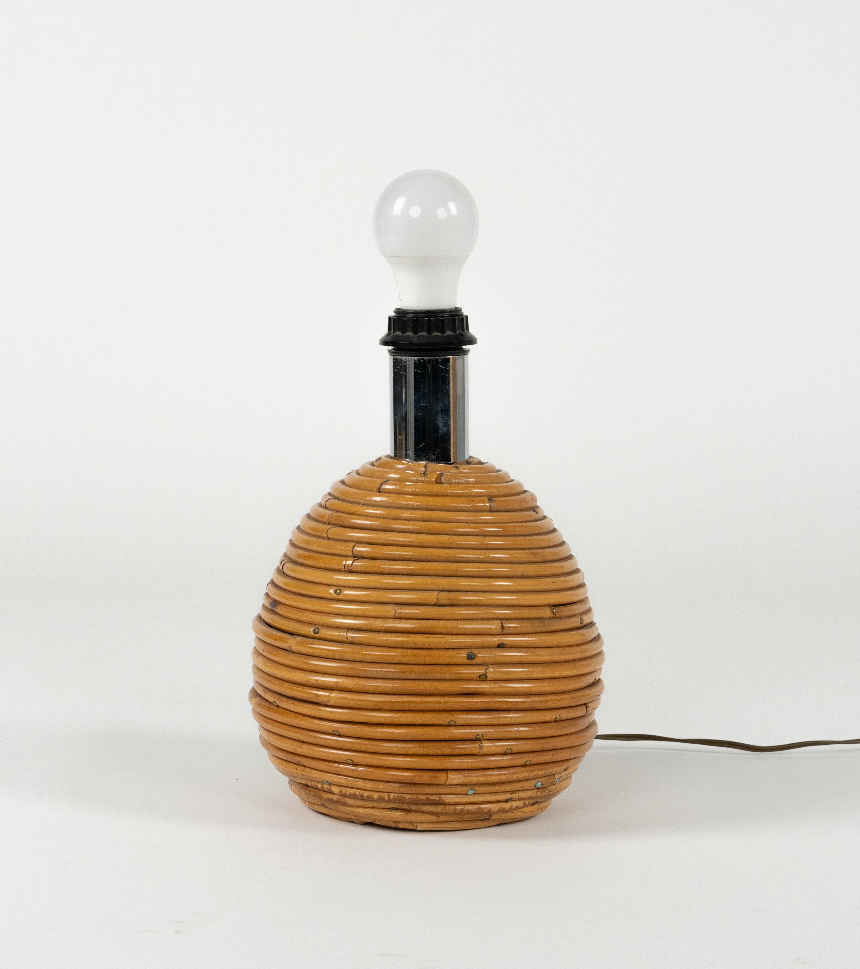 Midcentury Rattan, Wicker and Chrome Table Lamp by Vivai Del Sud, Italy 1970s 7