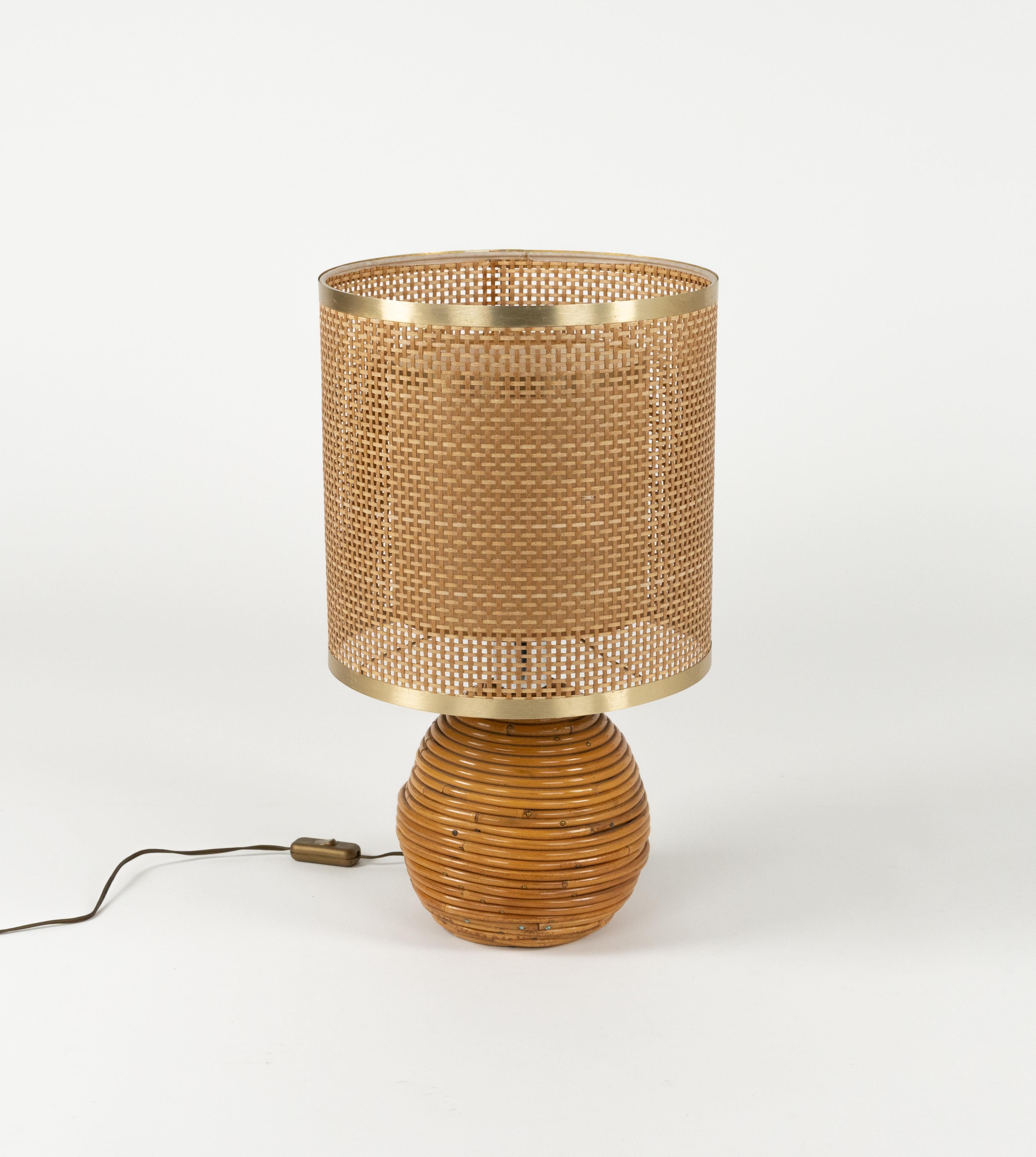 Mid-Century Modern Midcentury Rattan, Wicker and Chrome Table Lamp by Vivai Del Sud, Italy 1970s For Sale