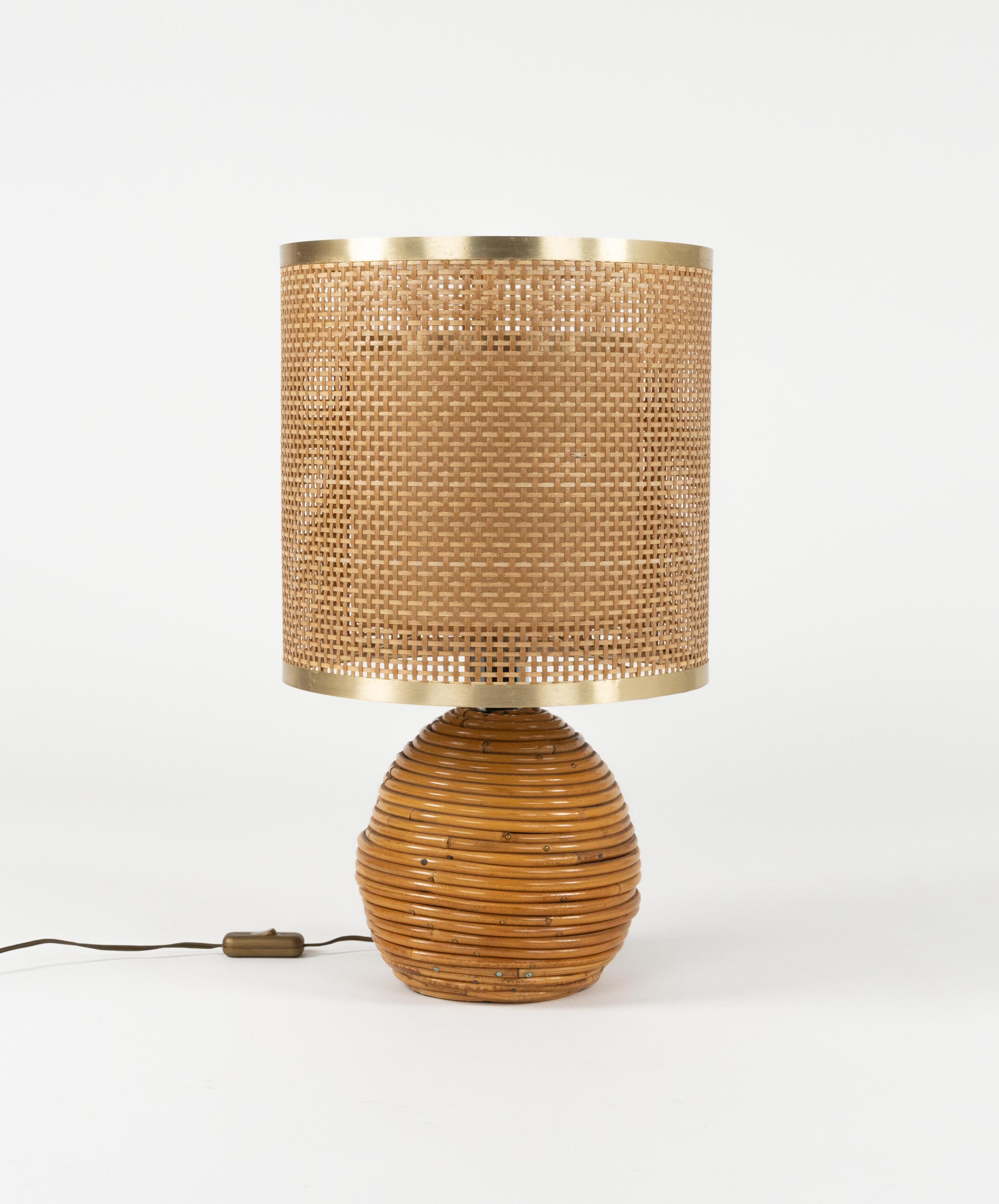 Italian Midcentury Rattan, Wicker and Chrome Table Lamp by Vivai Del Sud, Italy 1970s