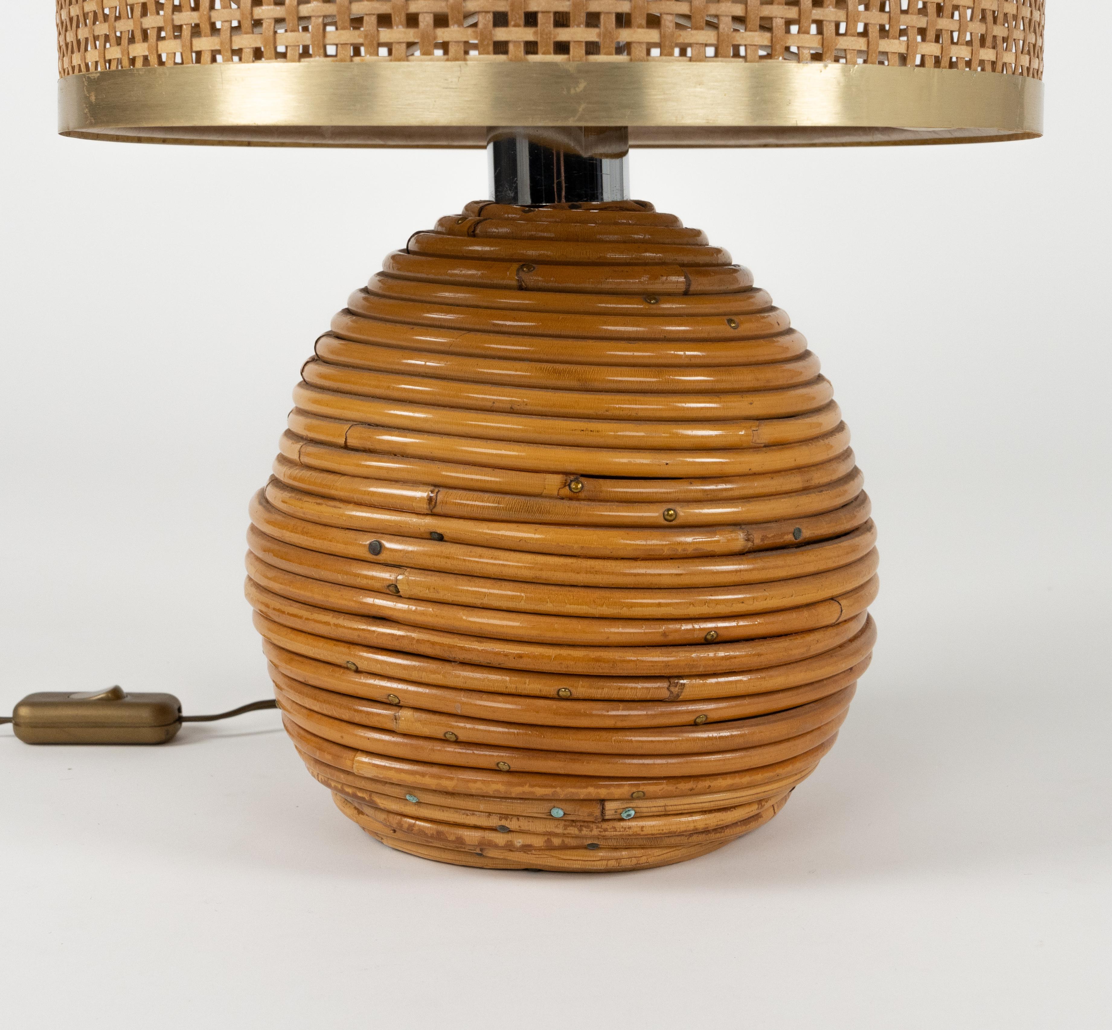 Late 20th Century Midcentury Rattan, Wicker and Chrome Table Lamp by Vivai Del Sud, Italy 1970s
