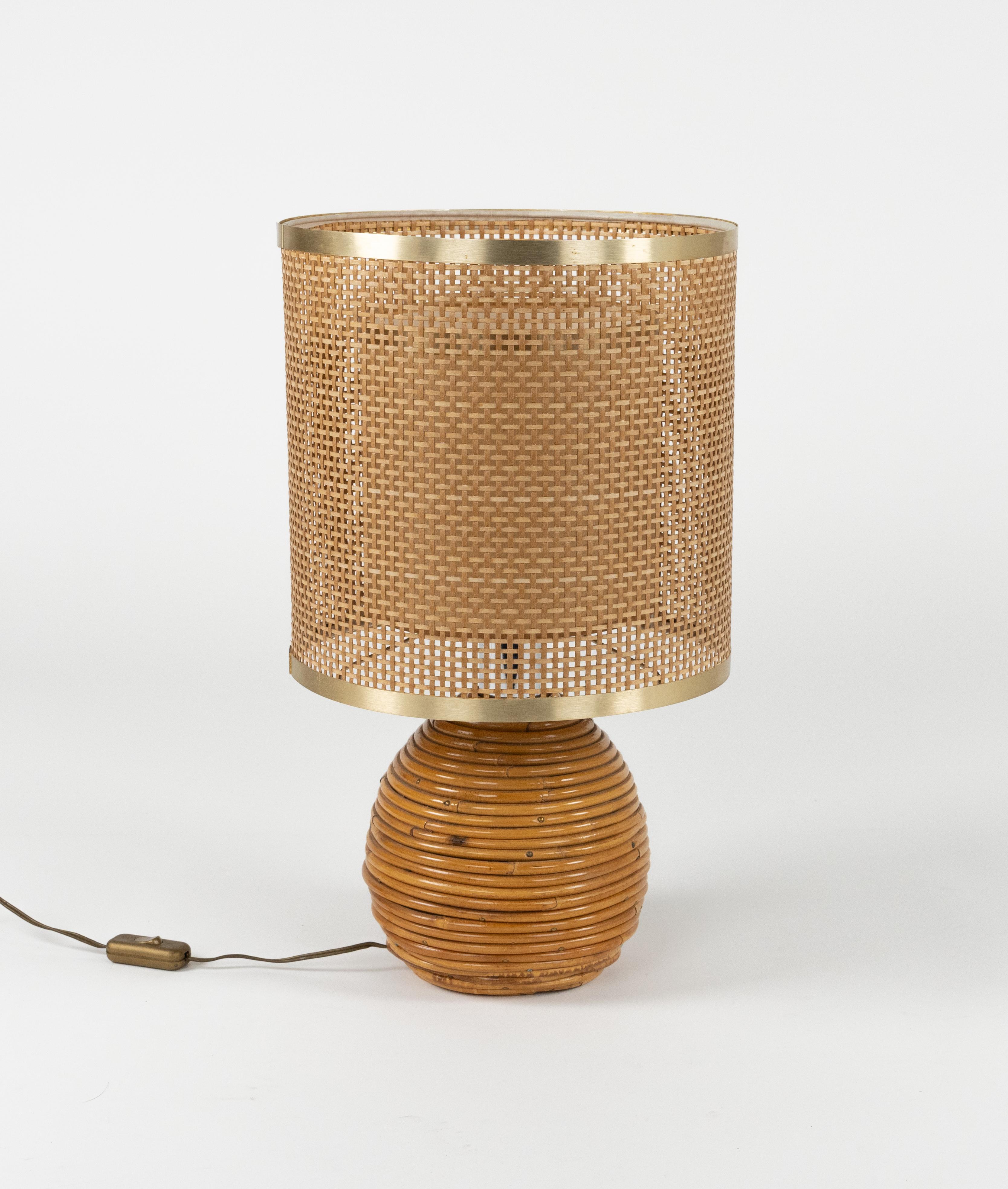Metal Midcentury Rattan, Wicker and Chrome Table Lamp by Vivai Del Sud, Italy 1970s For Sale