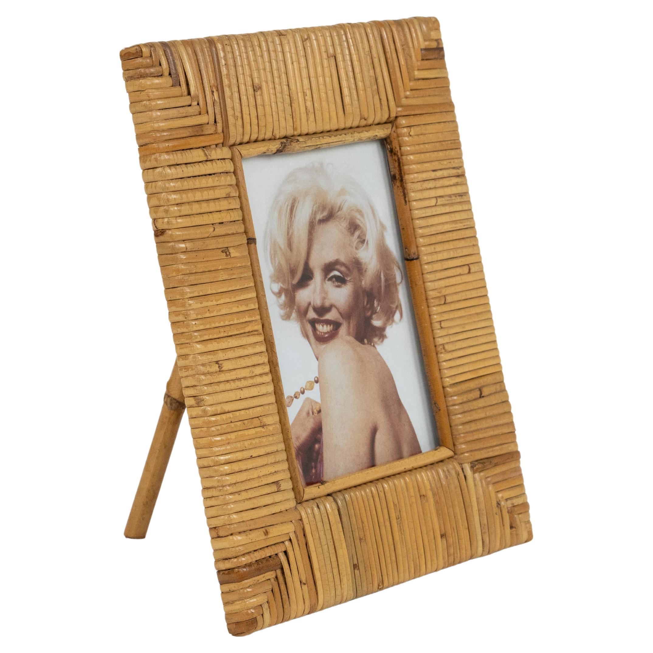 Midcentury Rattan, Wicker and Glass Rectangular Picture Frame, Italy 1970s For Sale