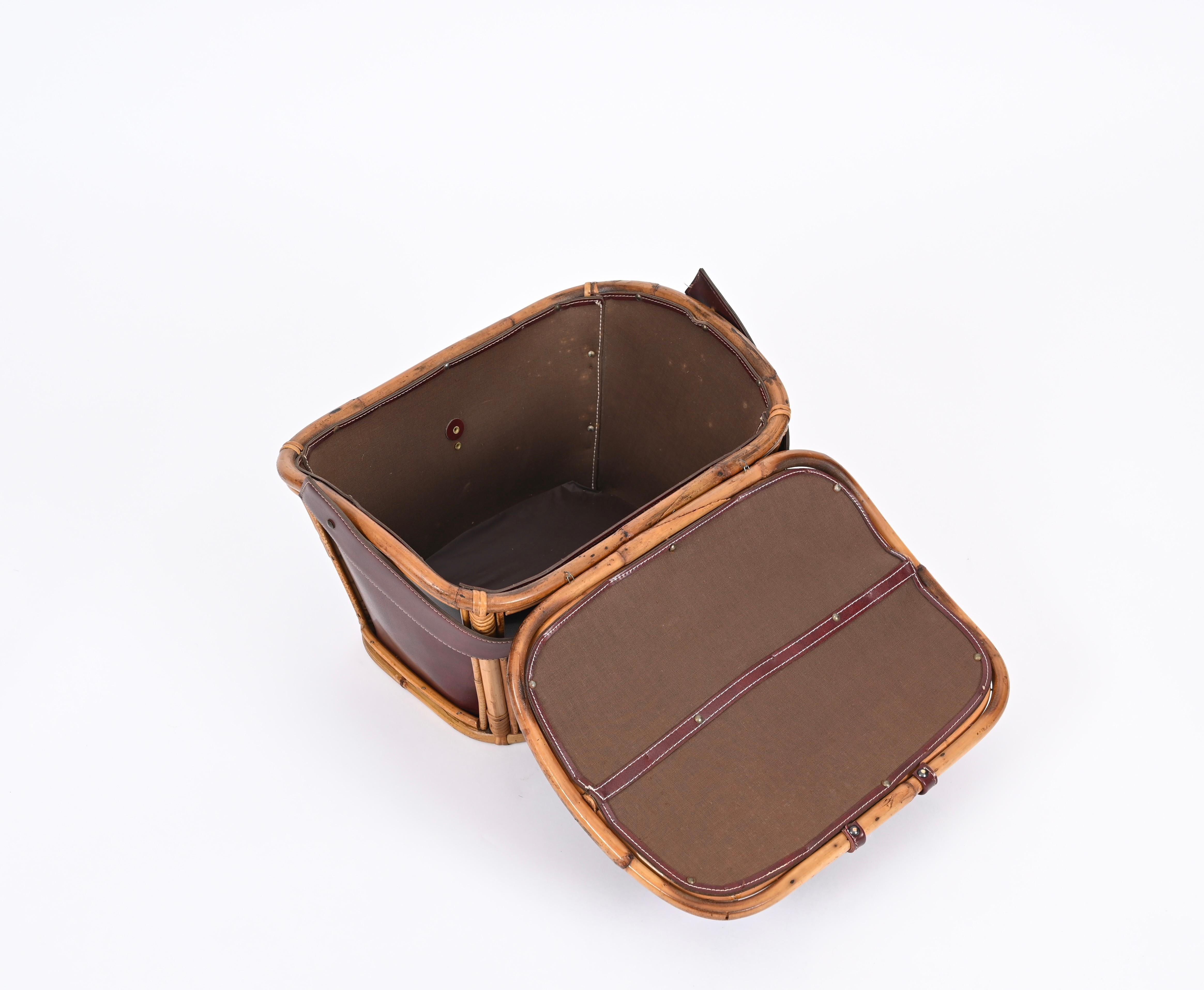 Midcentury Rattan, Wicker and Leather Italian Decorative Basket Bag, 1960s 4