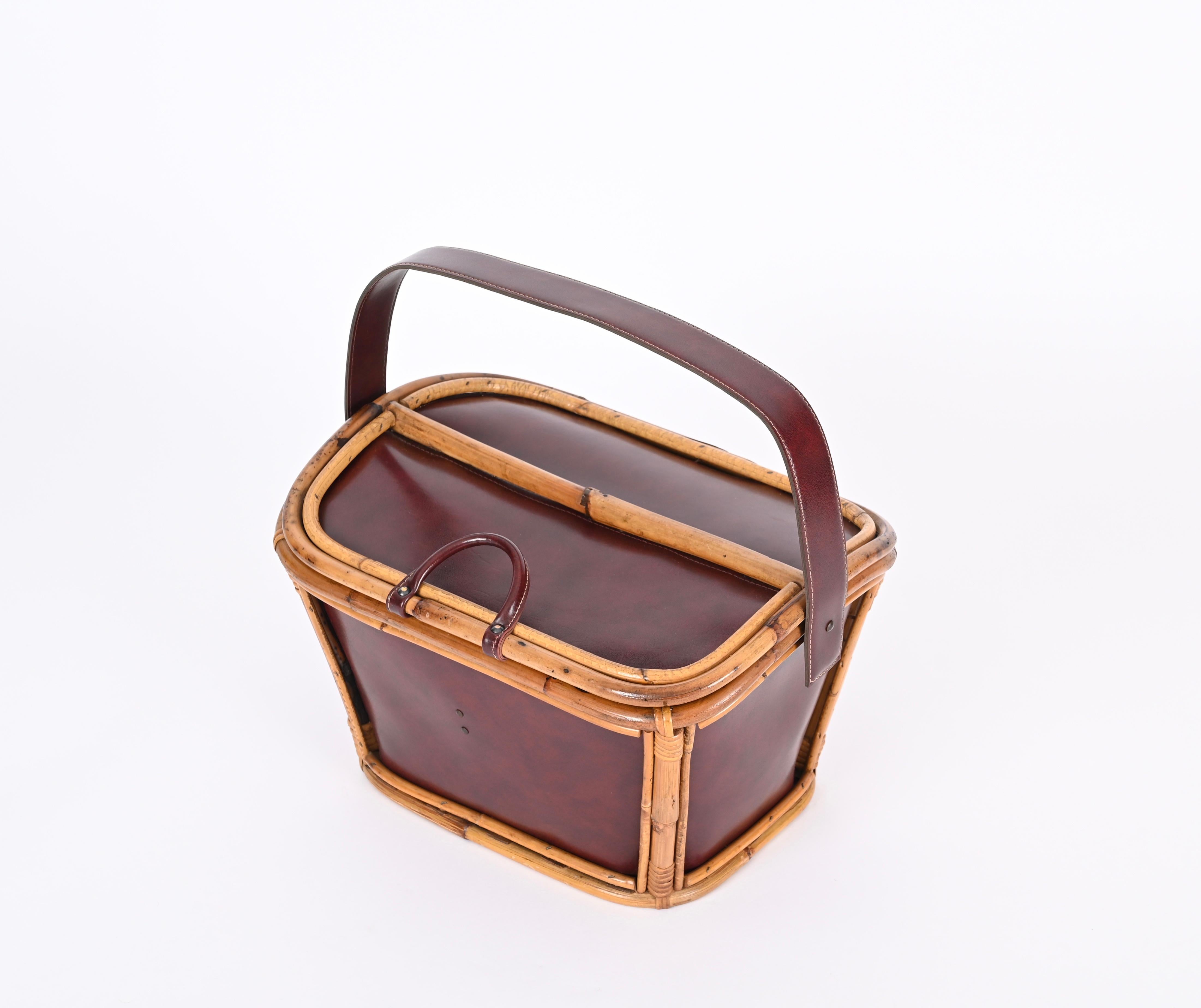 Midcentury Rattan, Wicker and Leather Italian Decorative Basket Bag, 1960s 6