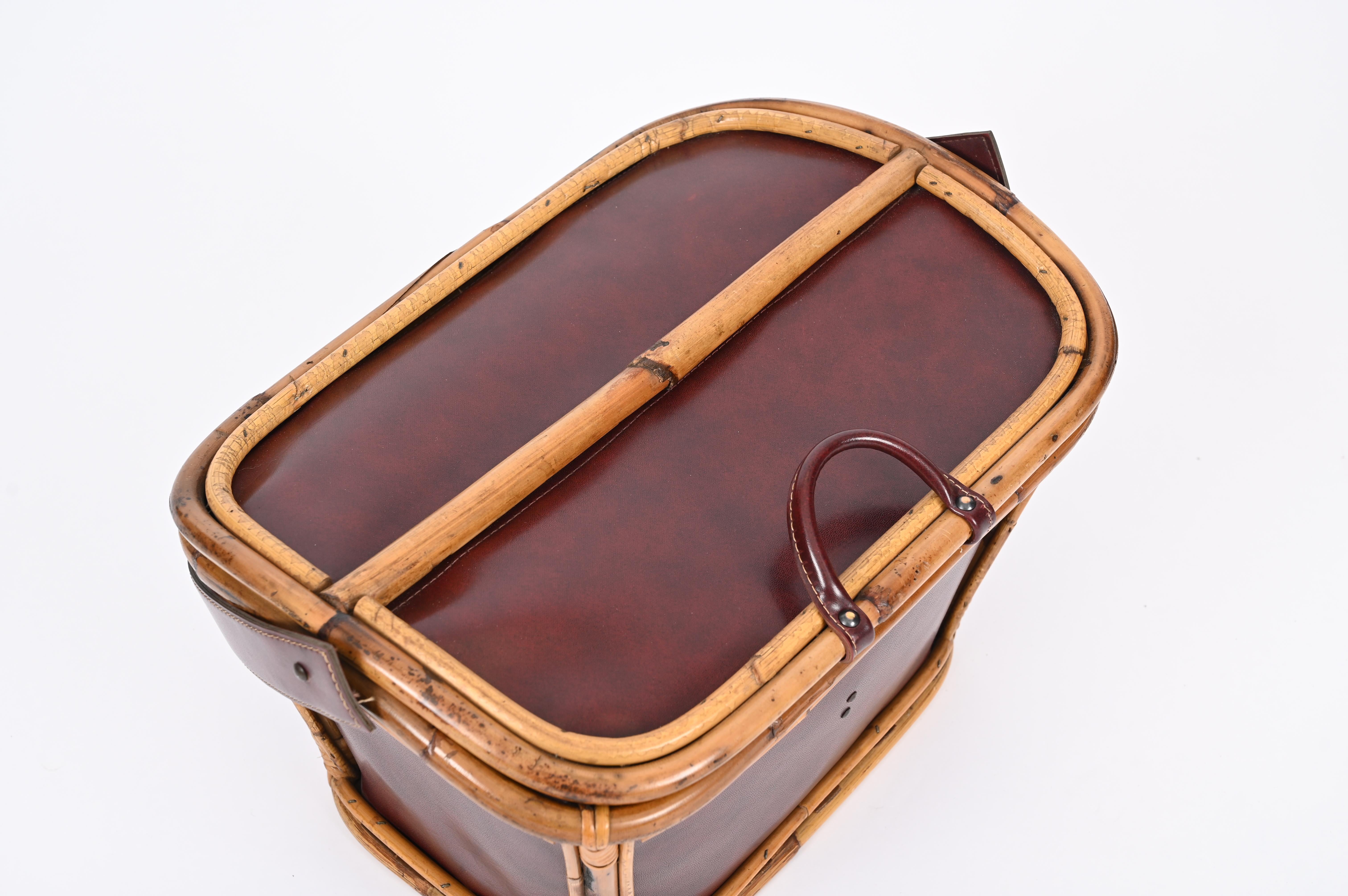 Midcentury Rattan, Wicker and Leather Italian Decorative Basket Bag, 1960s 7