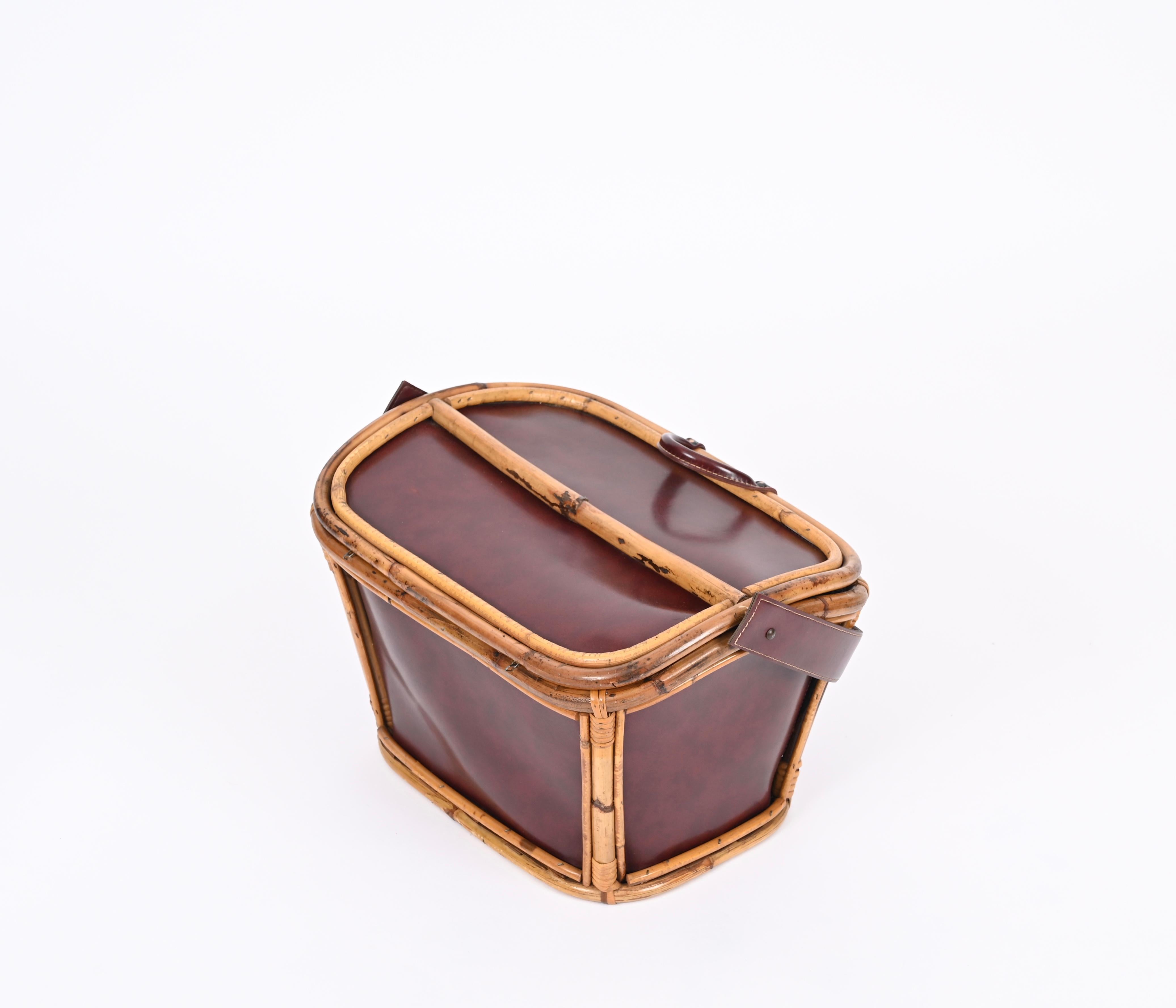 Midcentury Rattan, Wicker and Leather Italian Decorative Basket Bag, 1960s 8