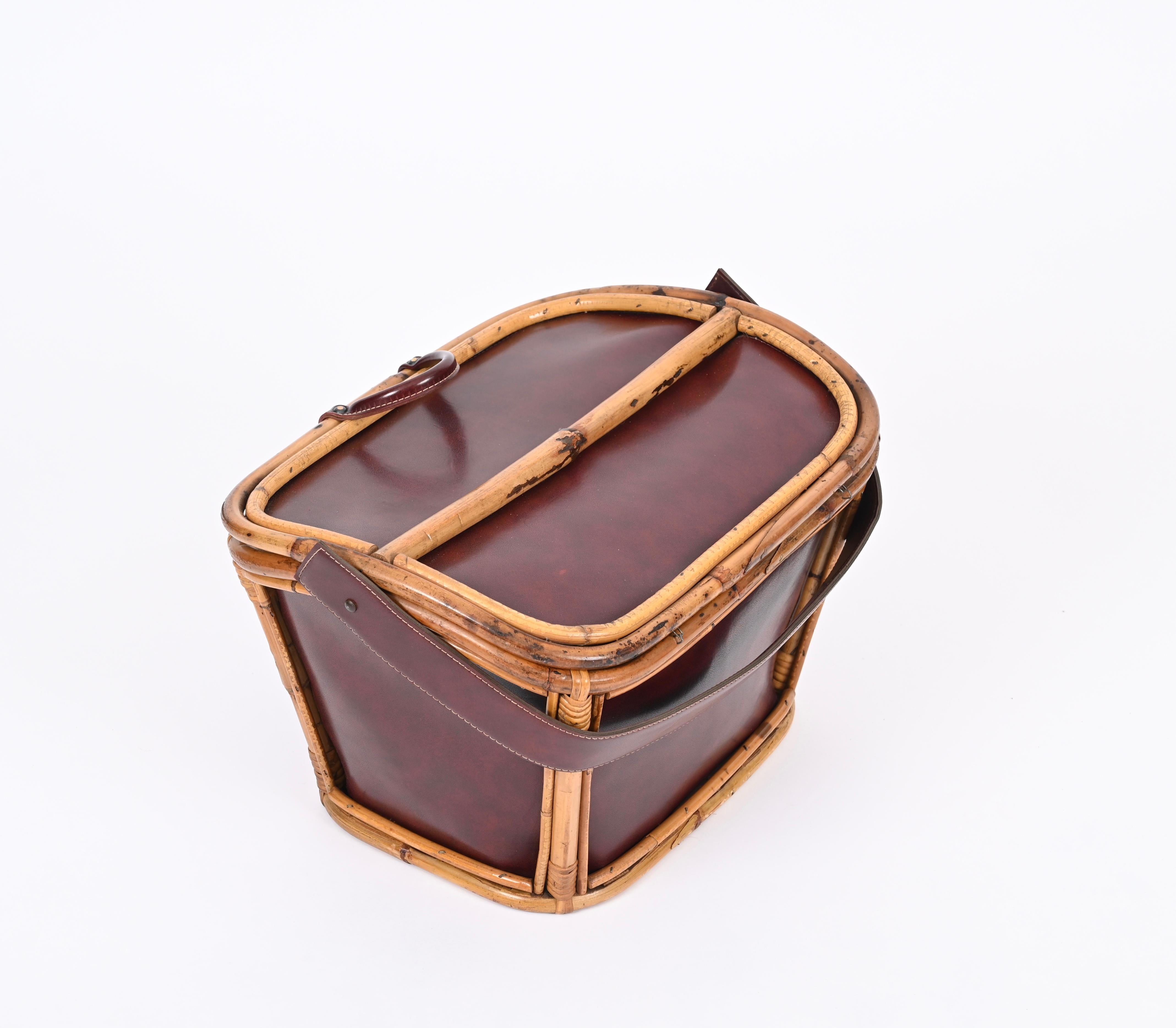 Midcentury Rattan, Wicker and Leather Italian Decorative Basket Bag, 1960s 9