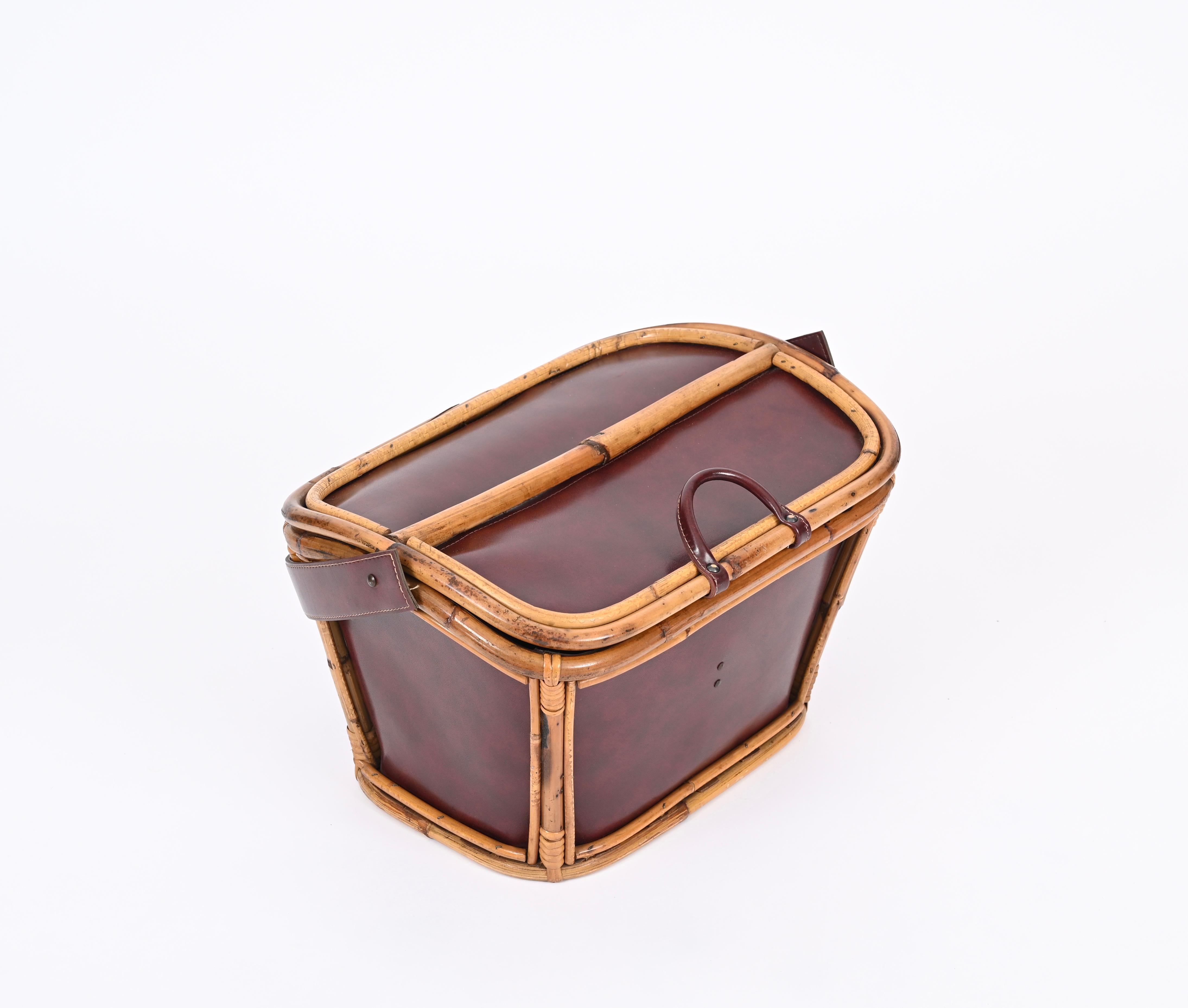 Mid-Century Modern Midcentury Rattan, Wicker and Leather Italian Decorative Basket Bag, 1960s