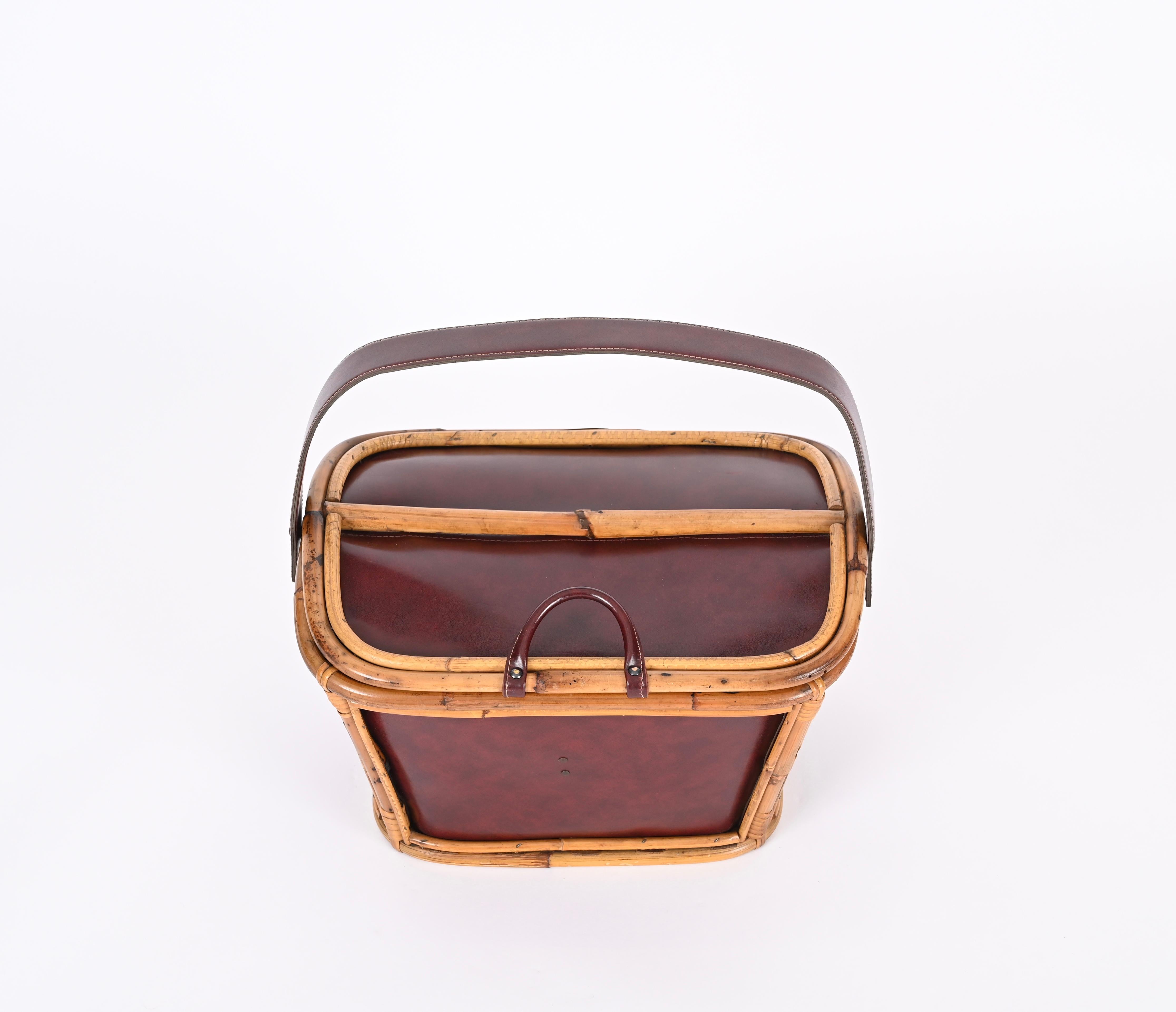 Midcentury Rattan, Wicker and Leather Italian Decorative Basket Bag, 1960s 1