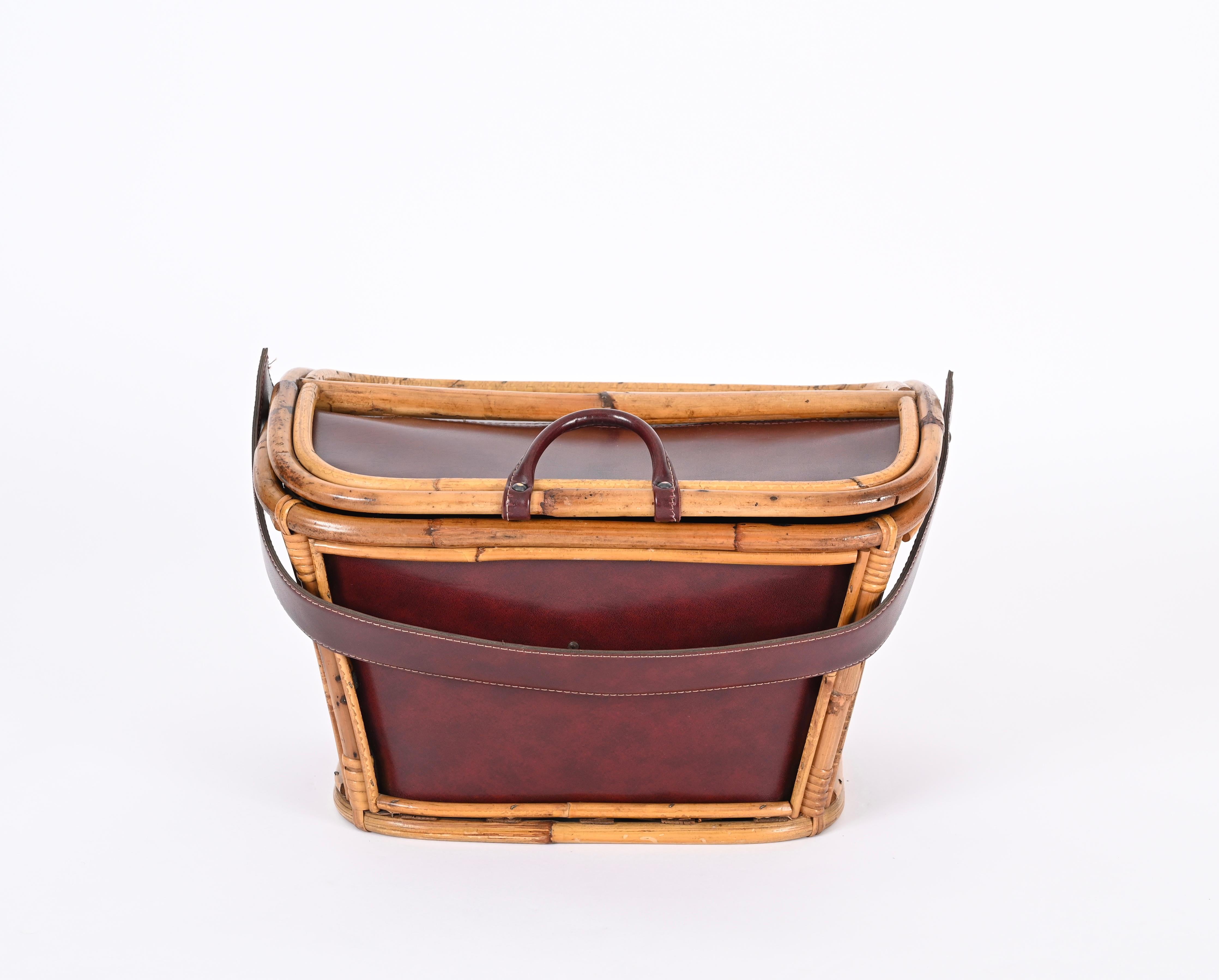 Midcentury Rattan, Wicker and Leather Italian Decorative Basket Bag, 1960s 2