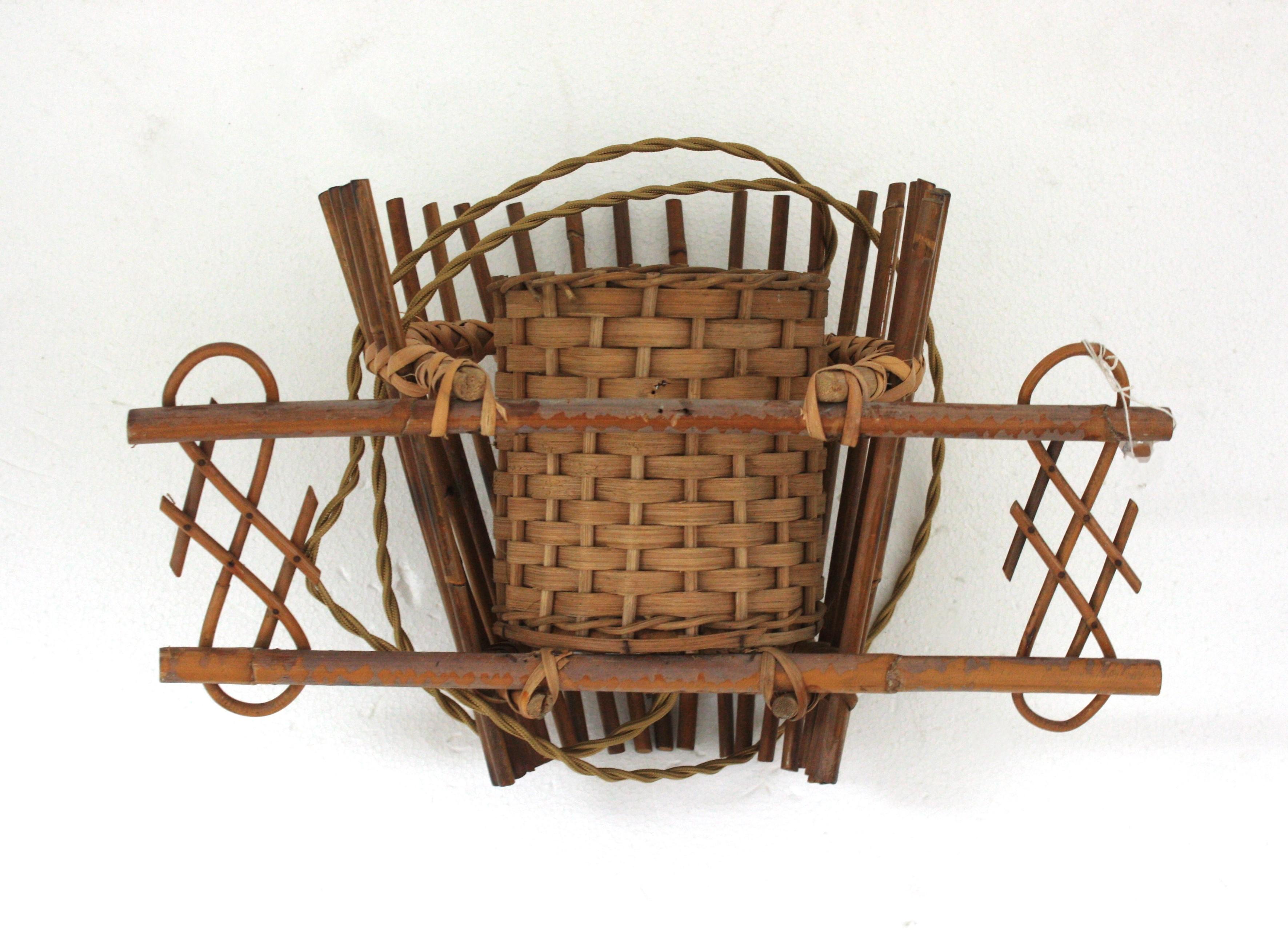 Midcentury Rattan & Wicker Conical Wall Light, 1950s For Sale 6