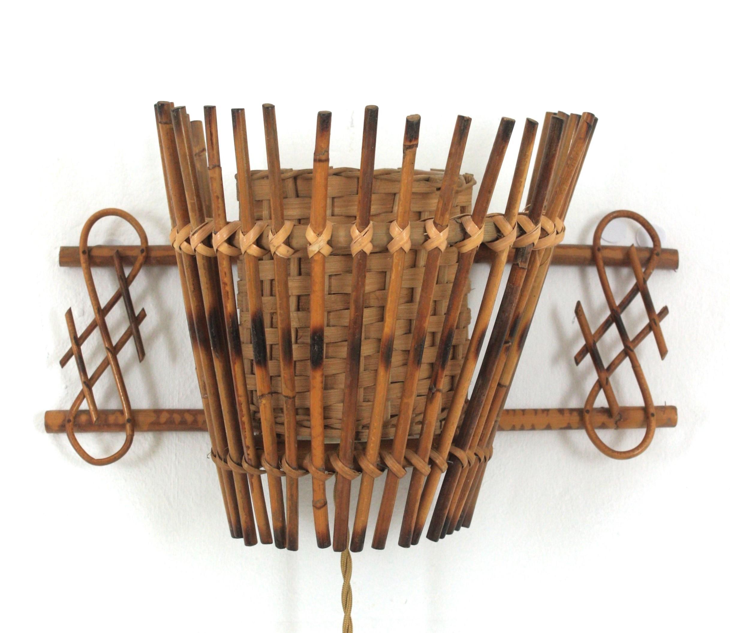Mid-Century Modern Midcentury Rattan & Wicker Conical Wall Light, 1950s For Sale