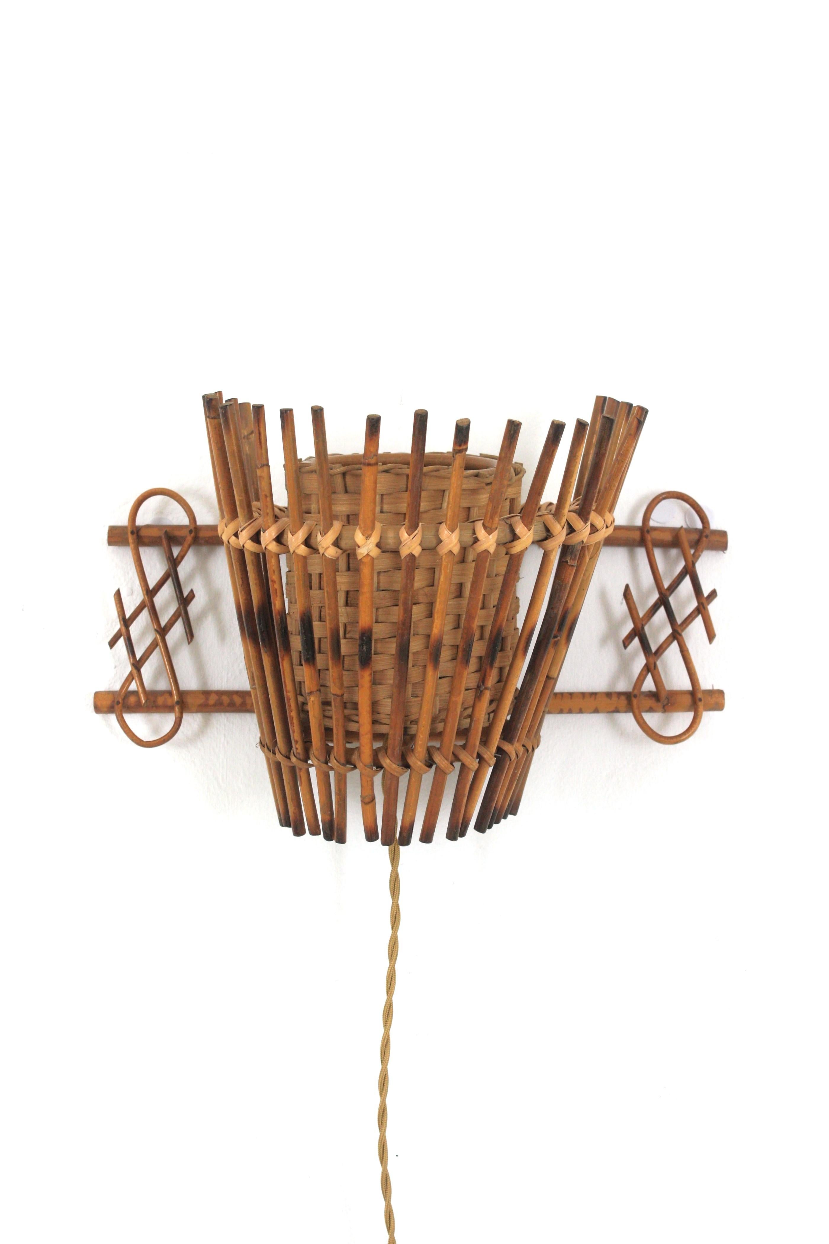 French Midcentury Rattan & Wicker Conical Wall Light, 1950s For Sale