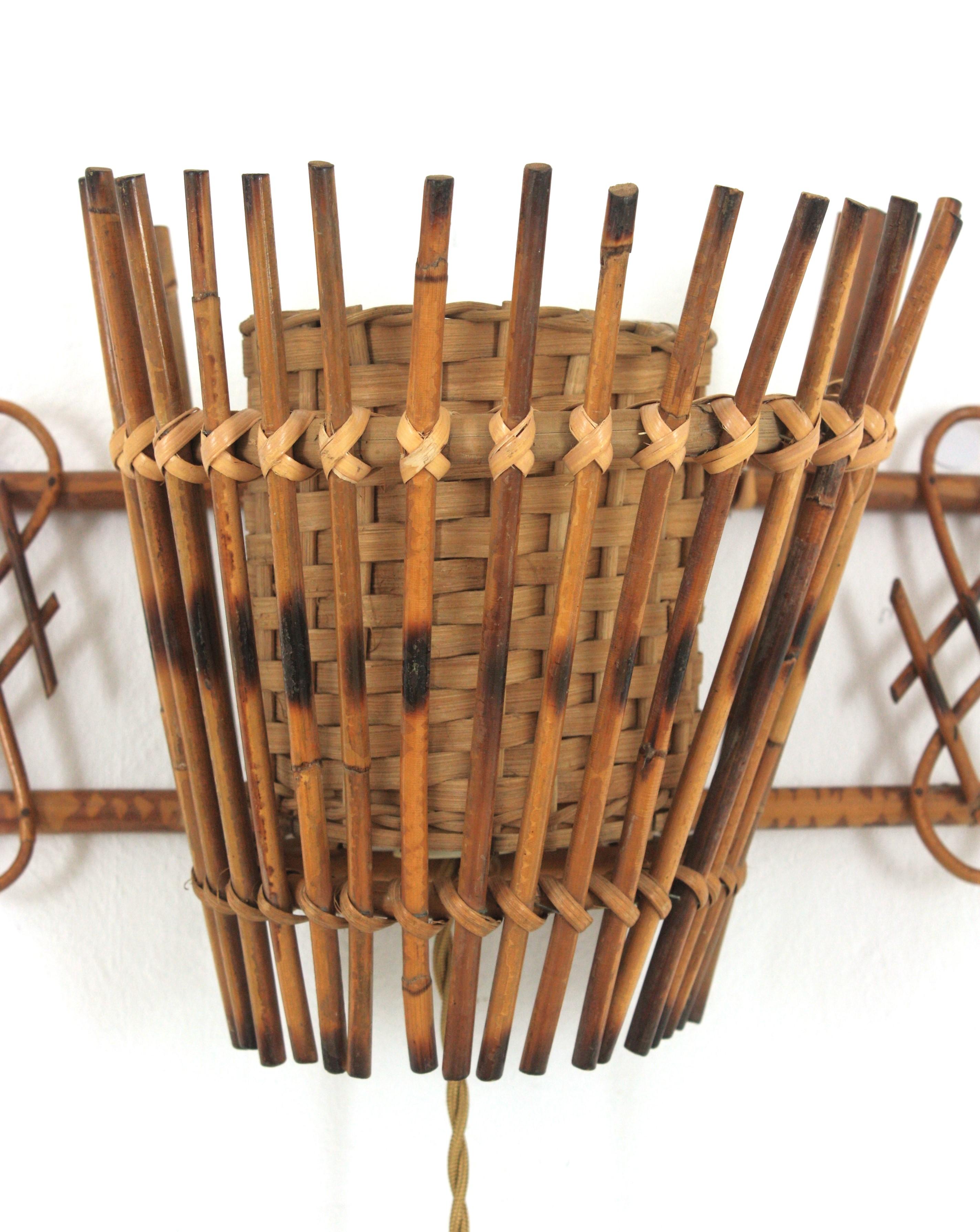 Hand-Crafted Midcentury Rattan & Wicker Conical Wall Light, 1950s For Sale