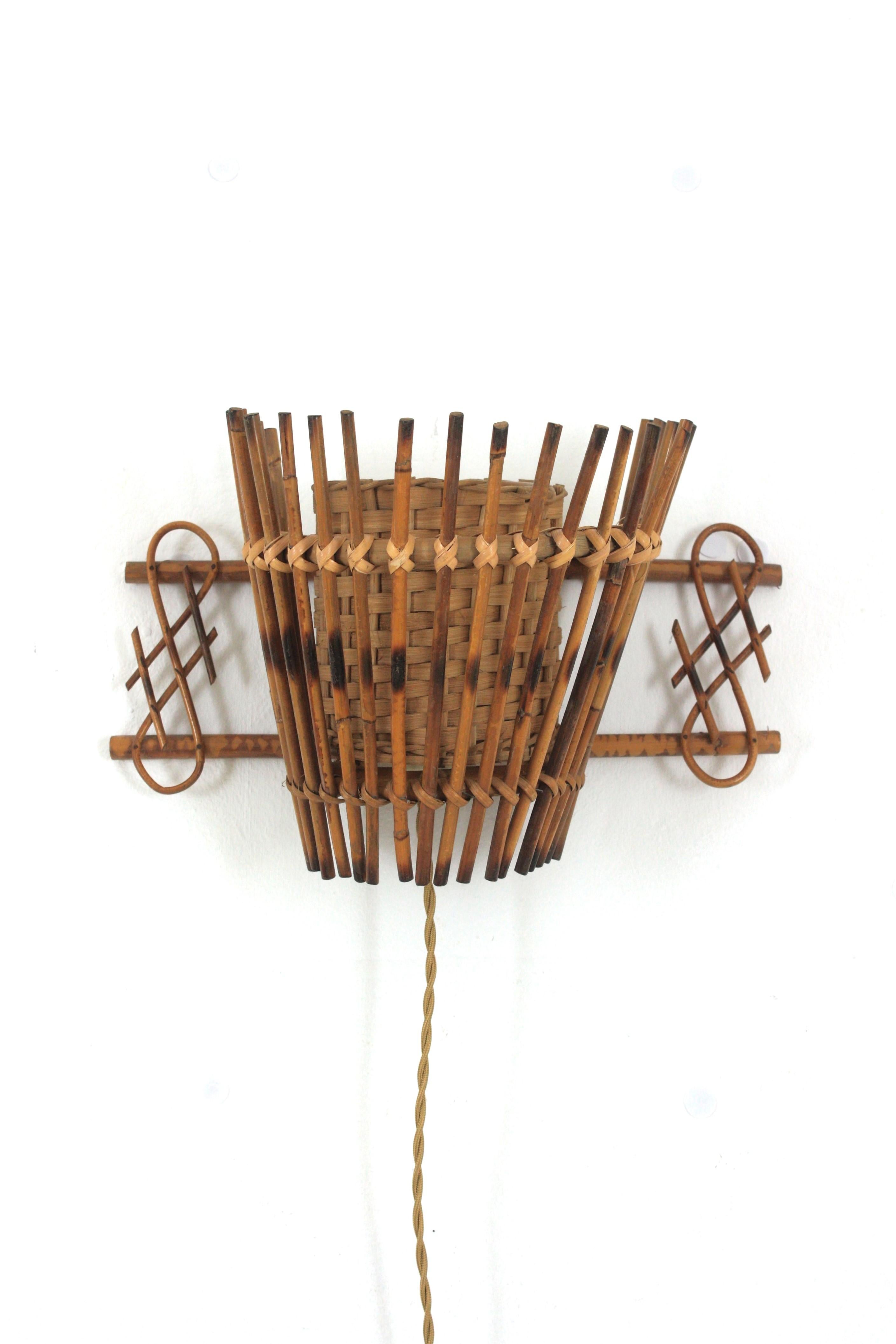 20th Century Midcentury Rattan & Wicker Conical Wall Light, 1950s For Sale