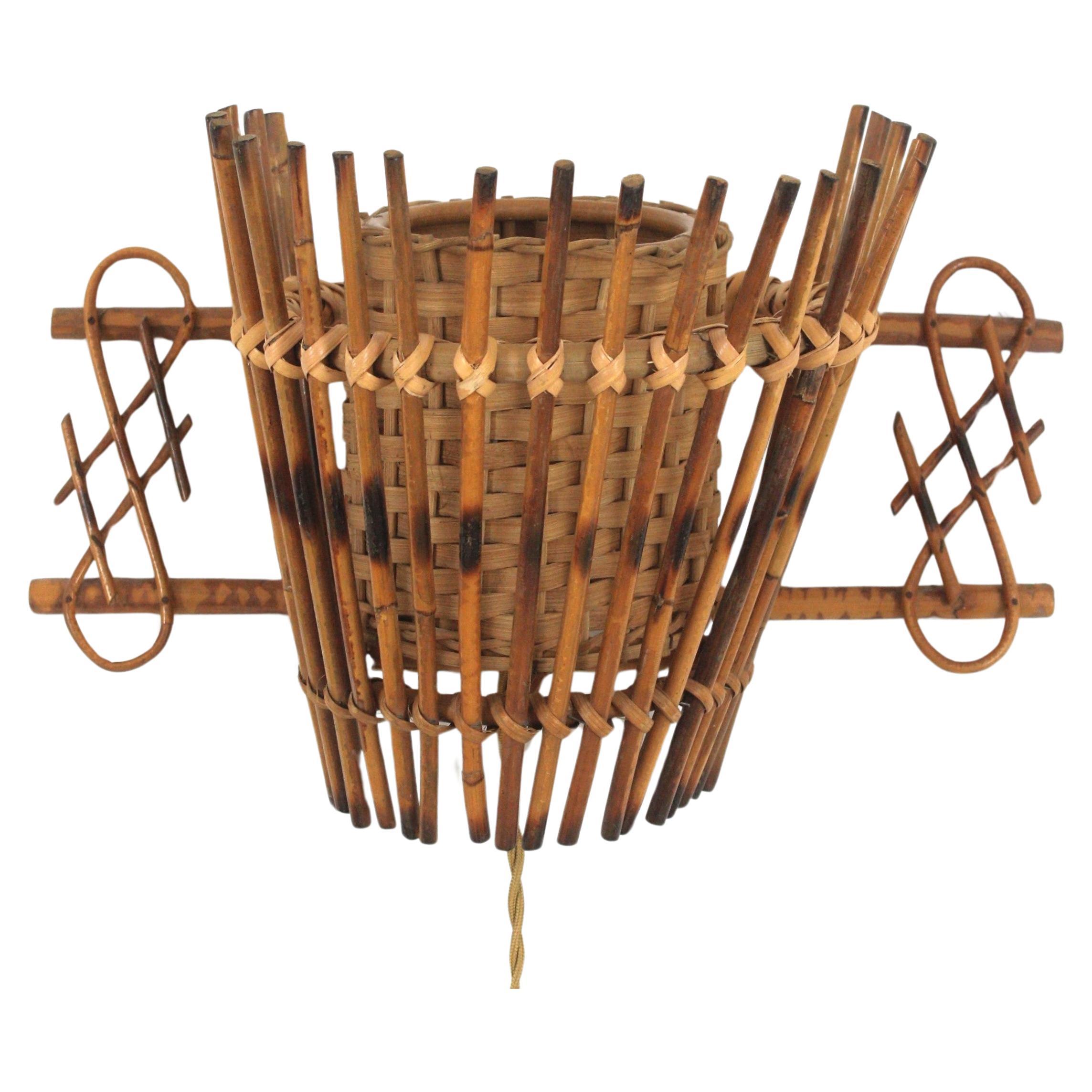 Midcentury Rattan & Wicker Conical Wall Light, 1950s For Sale