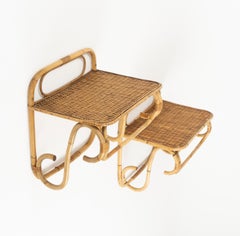 Midcentury Rattan & Wicker Pair of Wall Shelf or Hanging Side Table, Italy 1960s