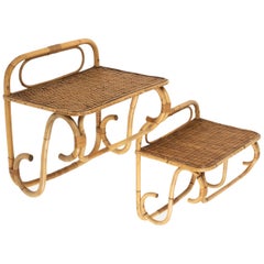 Midcentury Rattan & Wicker Pair of Wall Shelf or Hanging Side Table, Italy 1960s