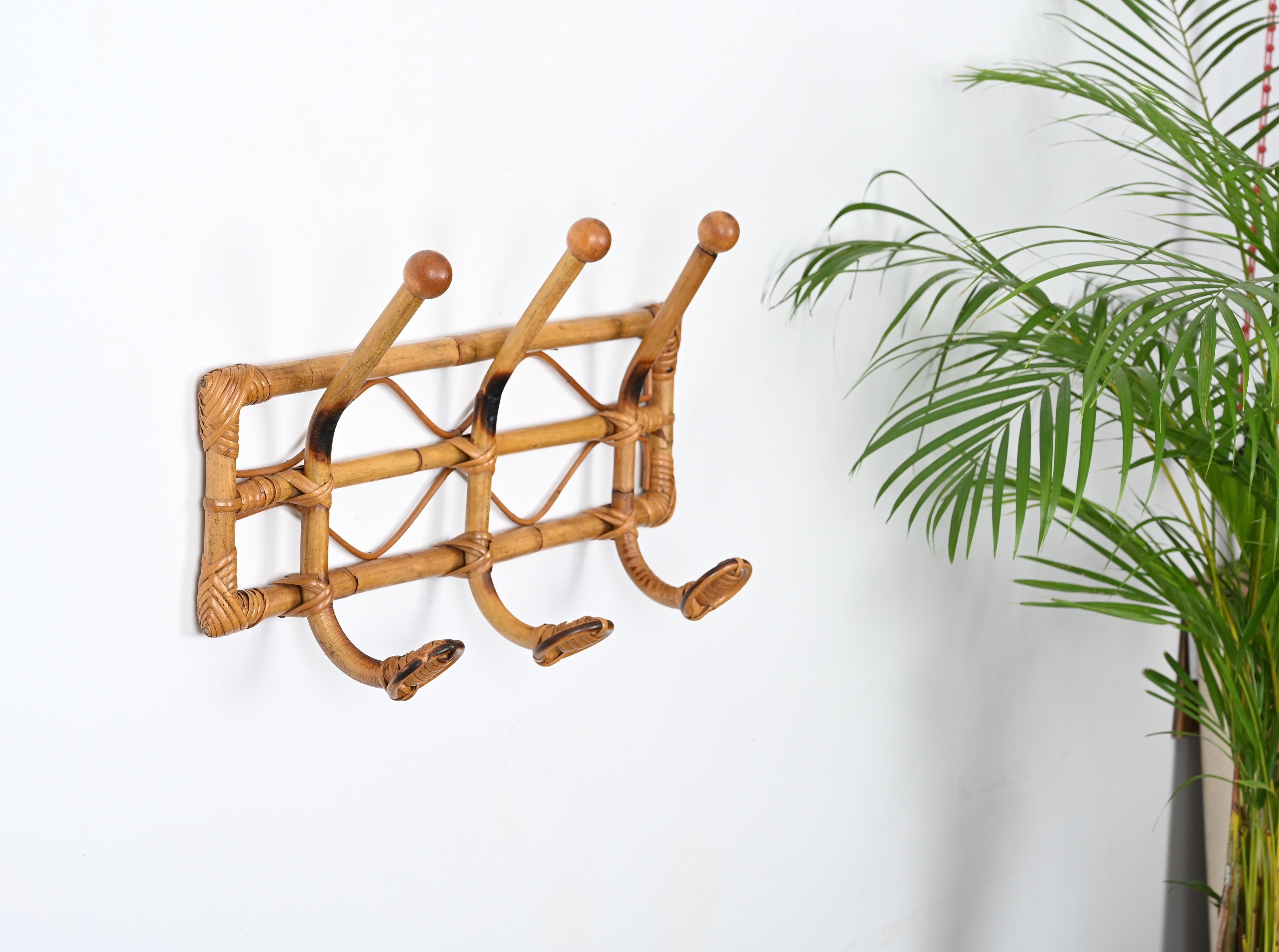 Mid-20th Century Midcentury Rattan, Woven Wicker and Bamboo Italian Coat Rack, 1960s For Sale