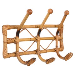 Retro Midcentury Rattan, Woven Wicker and Bamboo Italian Coat Rack, 1960s