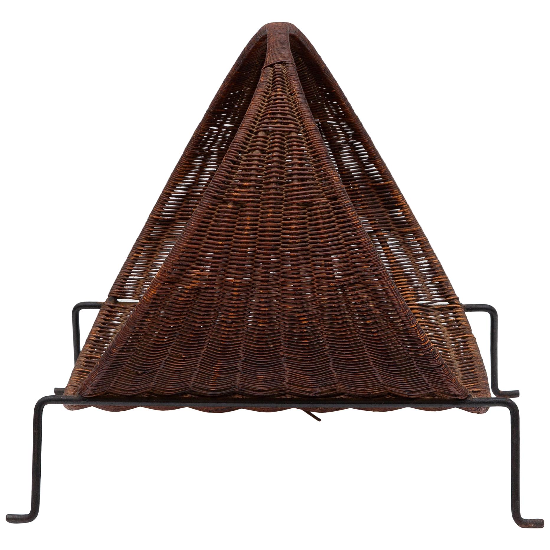 Midcentury Rattan, Wrought Iron Magazine Basket, Carl Aubock, 1950s