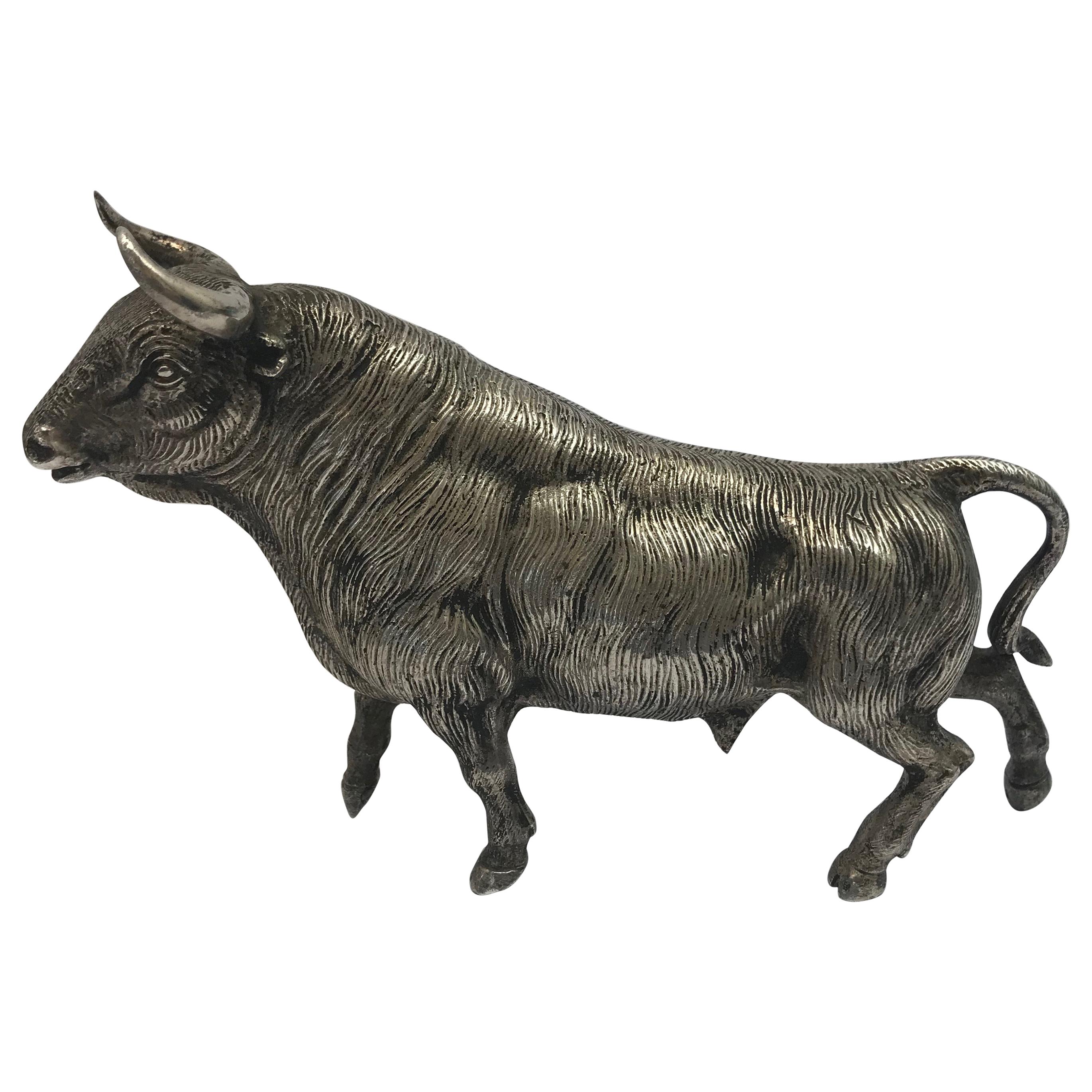 Midcentury Realistic Silver Plated Model of a Bull For Sale