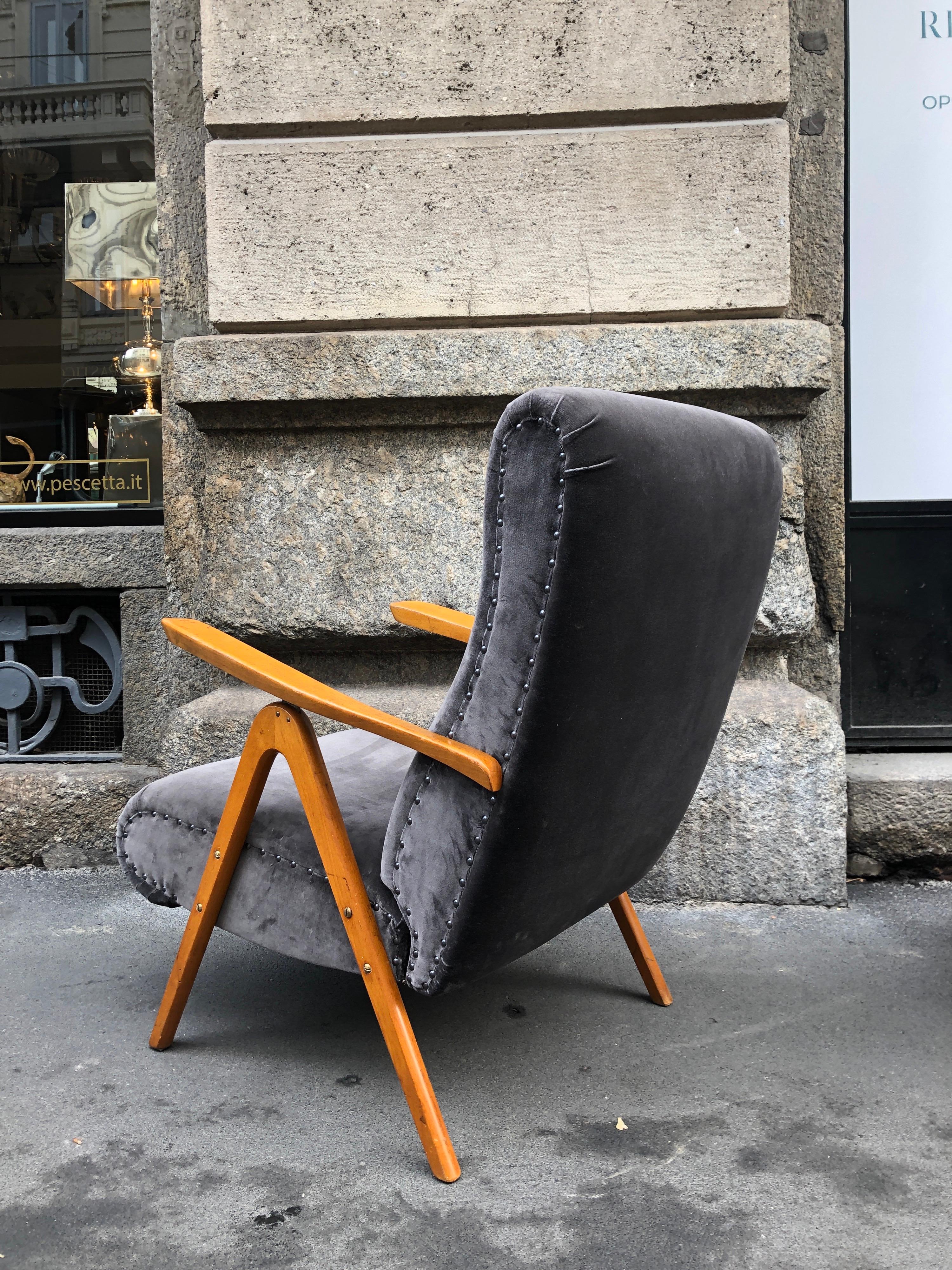 Midcentury Reclining Grey Velvet Armchairs 8