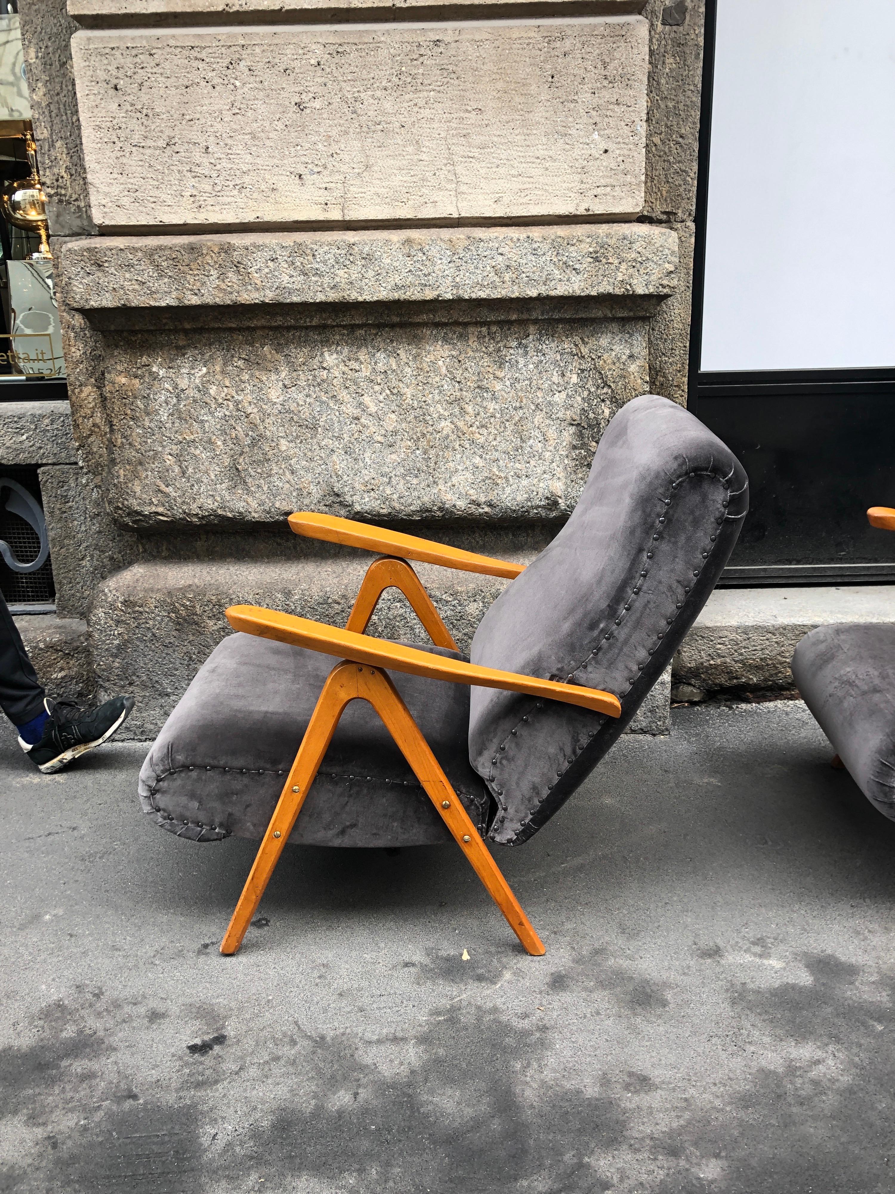 Midcentury Reclining Grey Velvet Armchairs 9