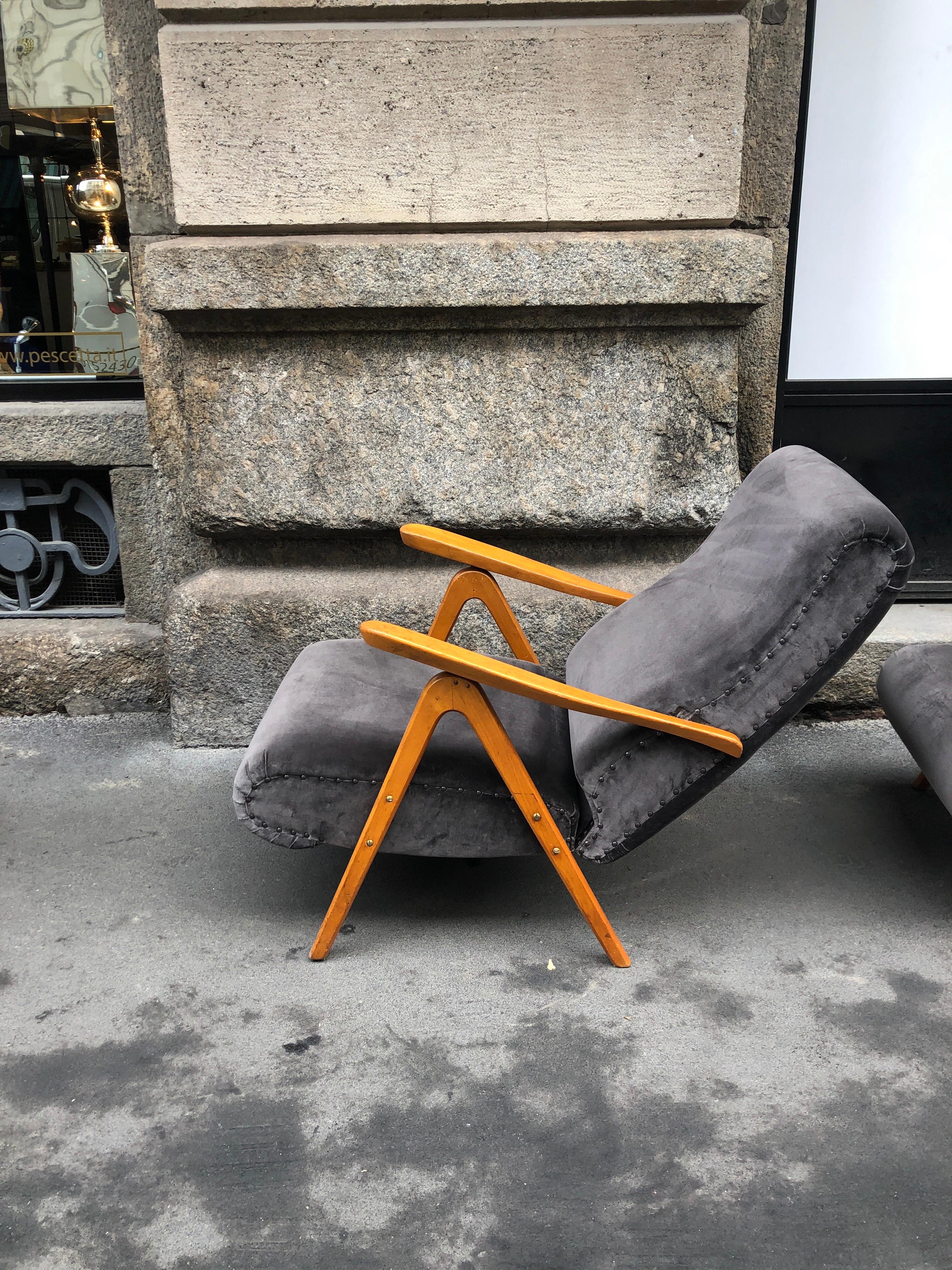 Midcentury Reclining Grey Velvet Armchairs 10