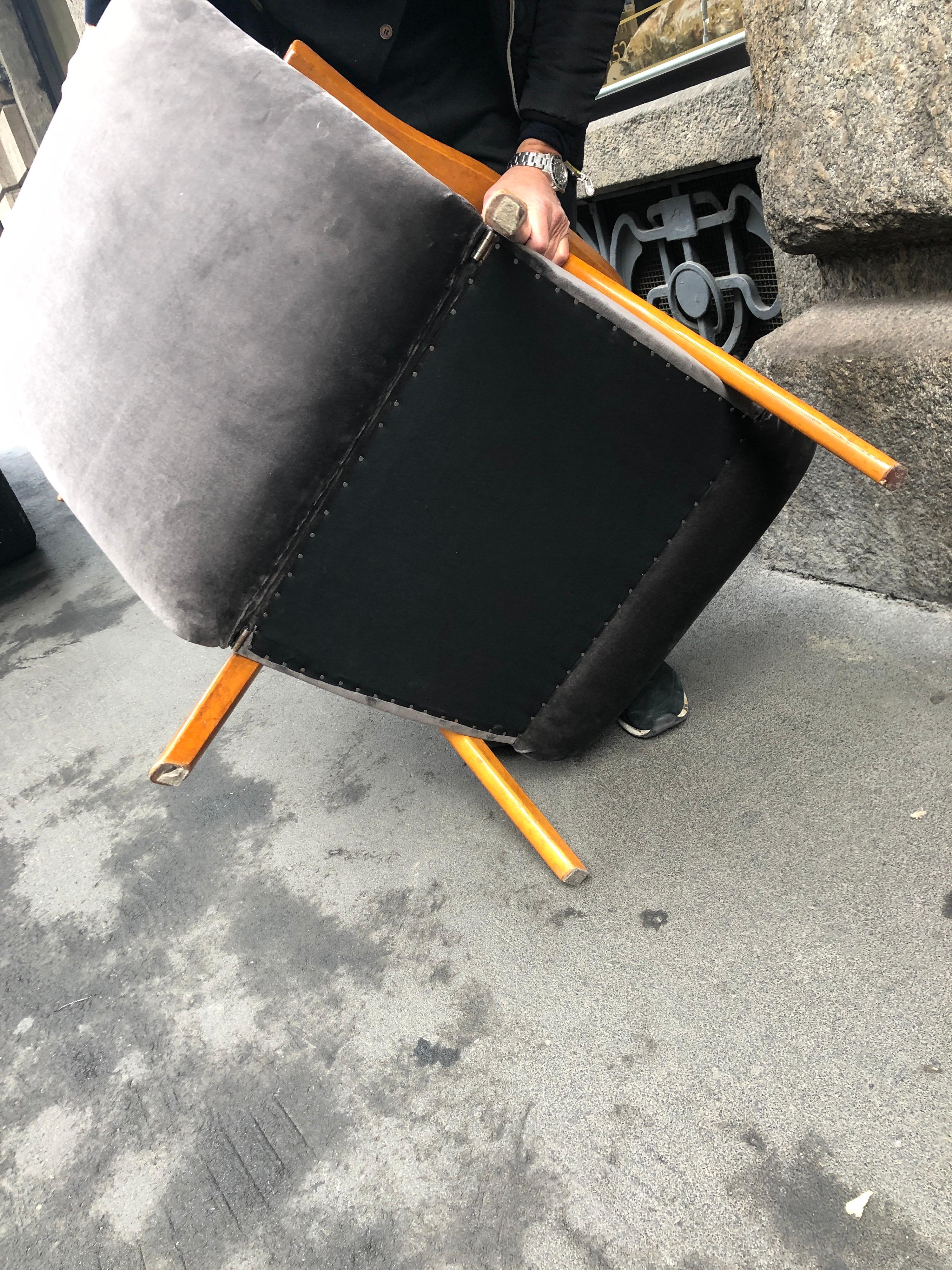 Midcentury Reclining Grey Velvet Armchairs 12