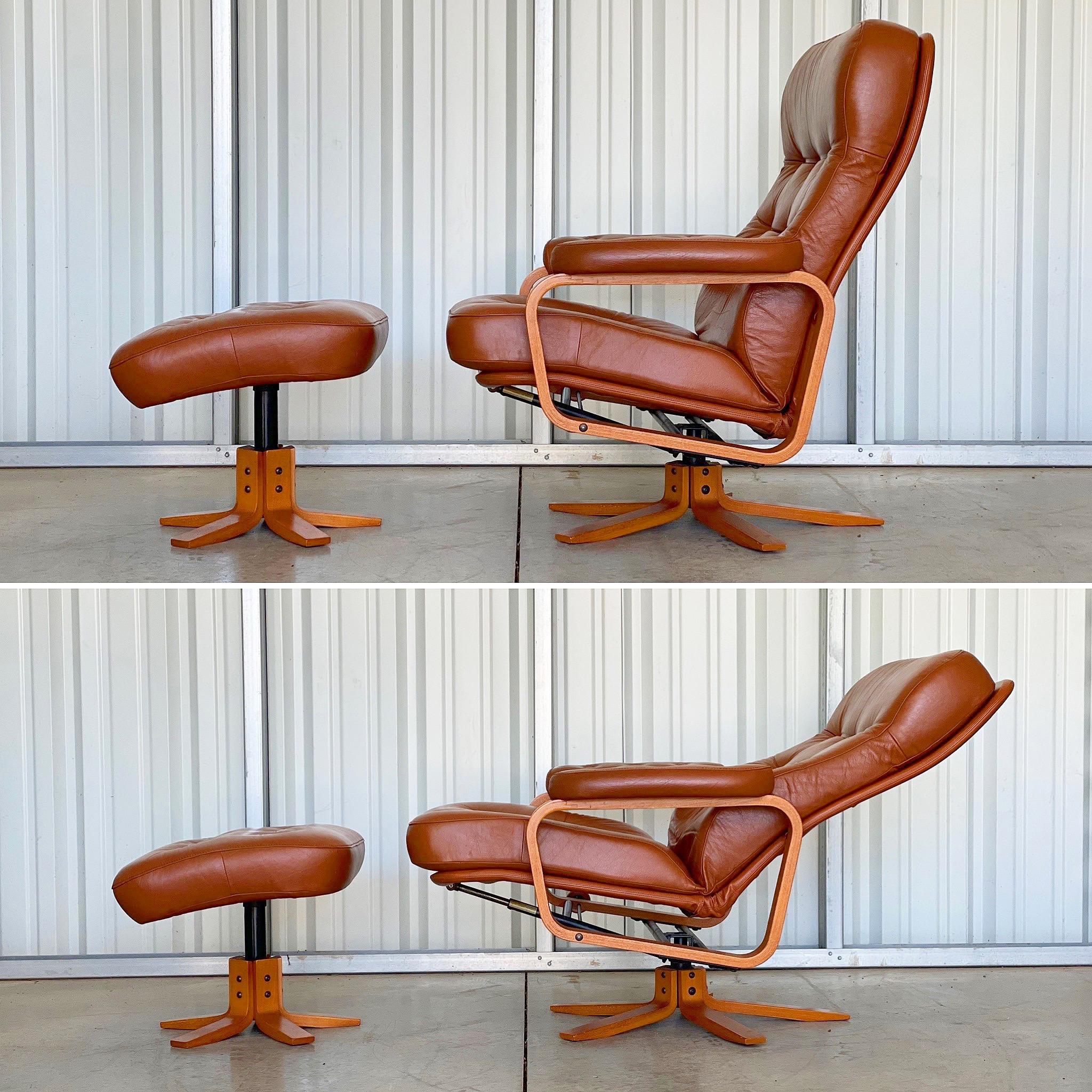 Danish modern reclining lounge chair and ottoman in teak and cognac toned leather by Svend Skipper for Skippers Mobler. Chair reclines almost flat. Tension dial allows the user to hold the recline anywhere on the recline plane. Supreme comfort and
