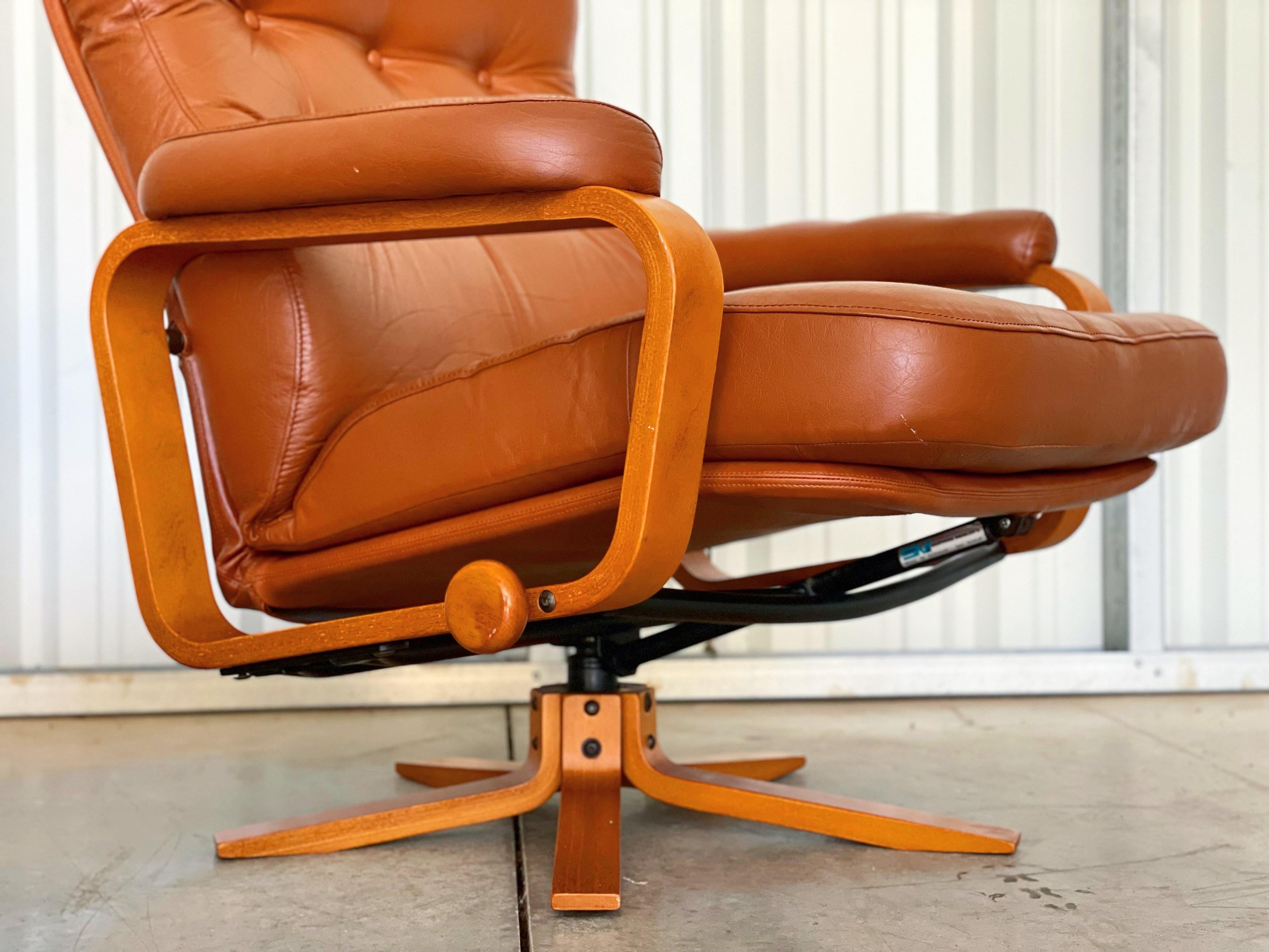 Mid-Century Modern Midcentury Reclining Lounge Chair and Ottoman in Leather + Teak by Svend Skipper