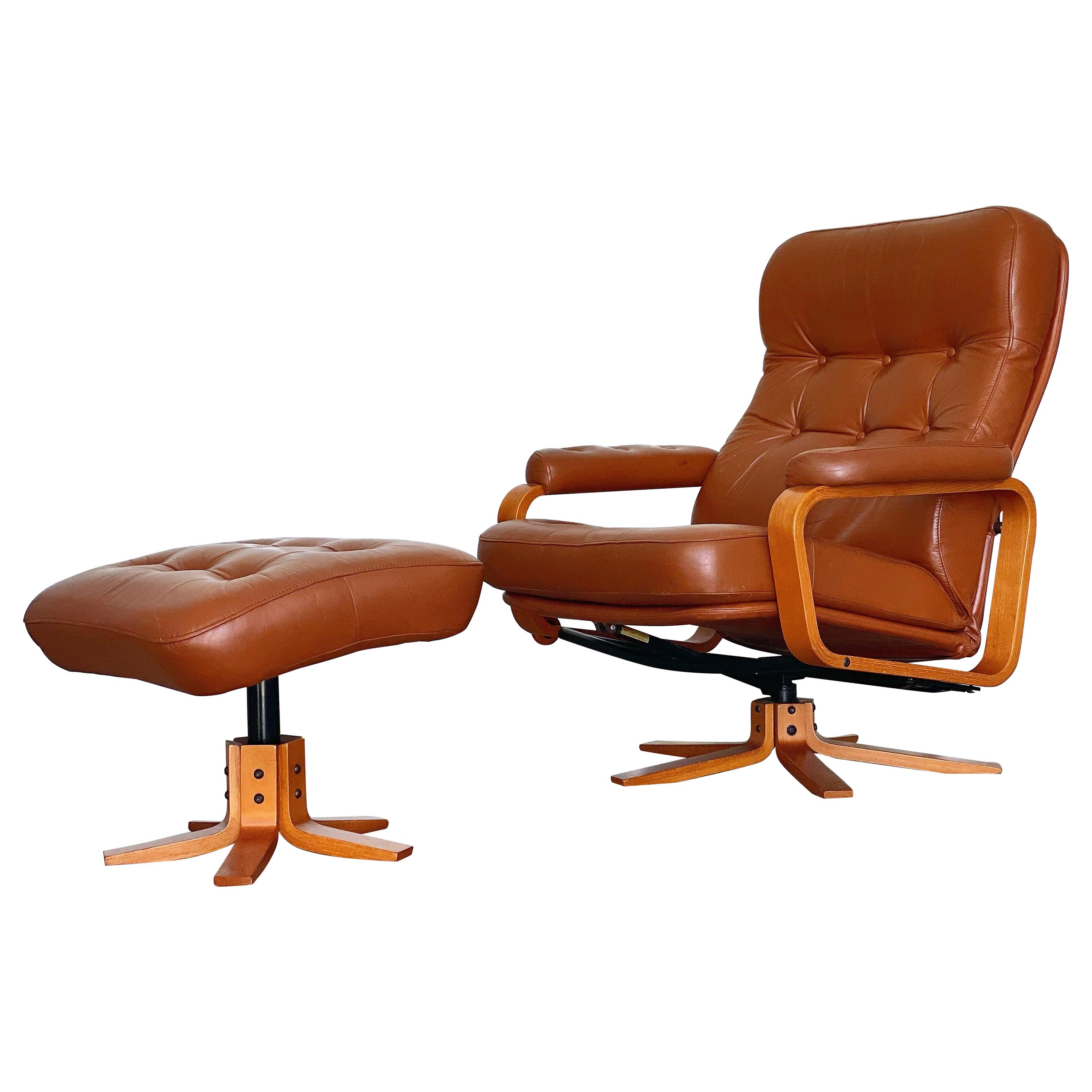 Midcentury Reclining Lounge Chair and Ottoman in Leather + Teak by Svend Skipper