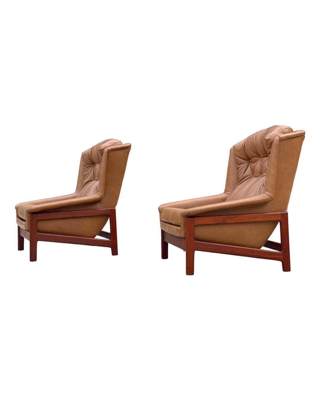 Midcentury Reclining Lounge Chairs in Leather + Walnut by Folke Ohlsson for DUX For Sale 5