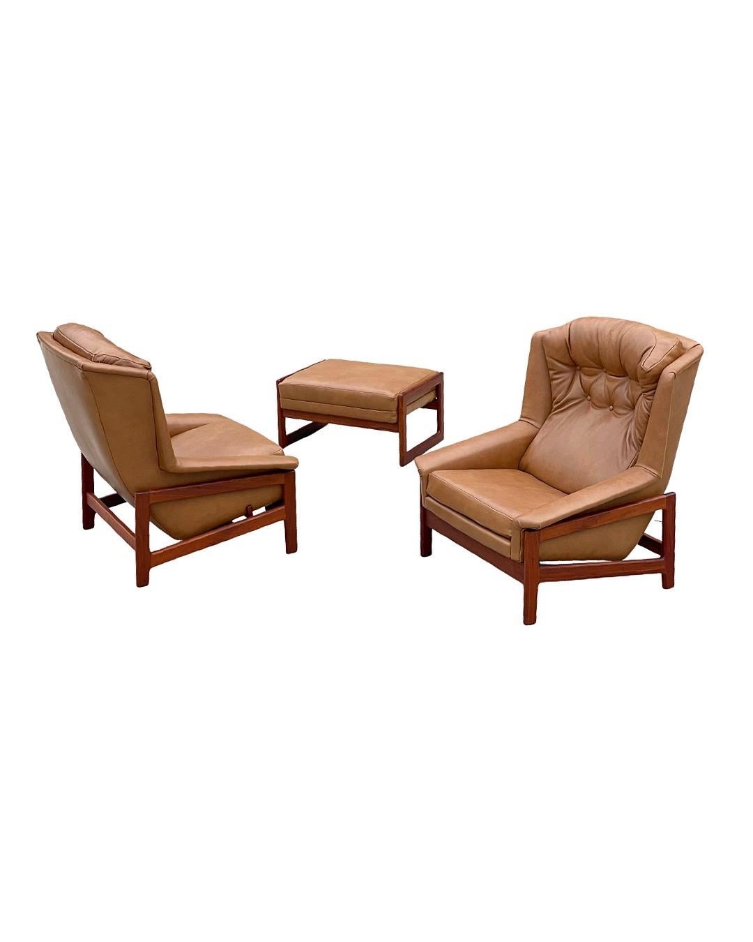 Mid-Century Modern Midcentury Reclining Lounge Chairs in Leather + Walnut by Folke Ohlsson for DUX For Sale